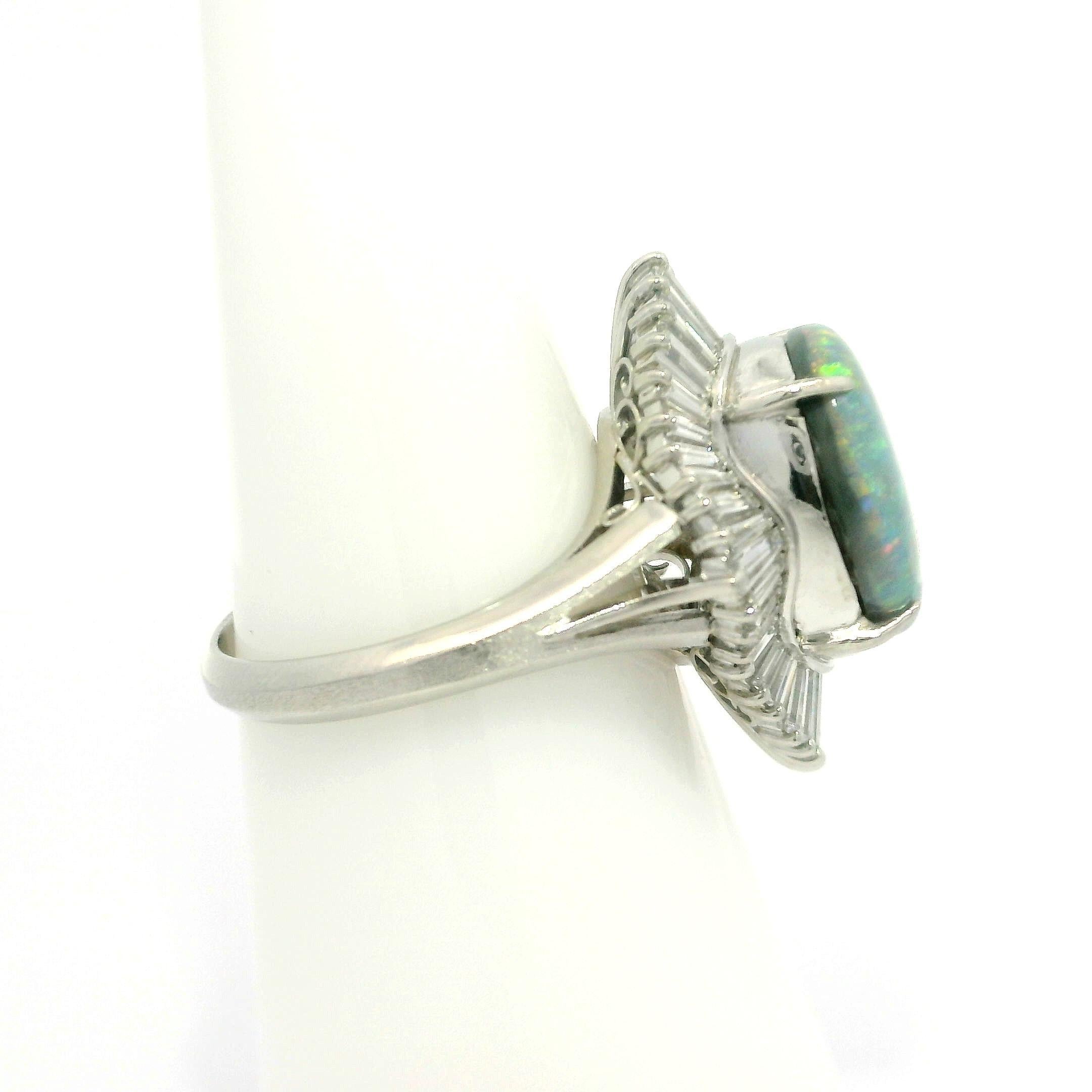 Vintage Platinum GIA 3.83ctw Super Fiery Gray Opal w/ Diamond Ballerina Ring For Sale 4