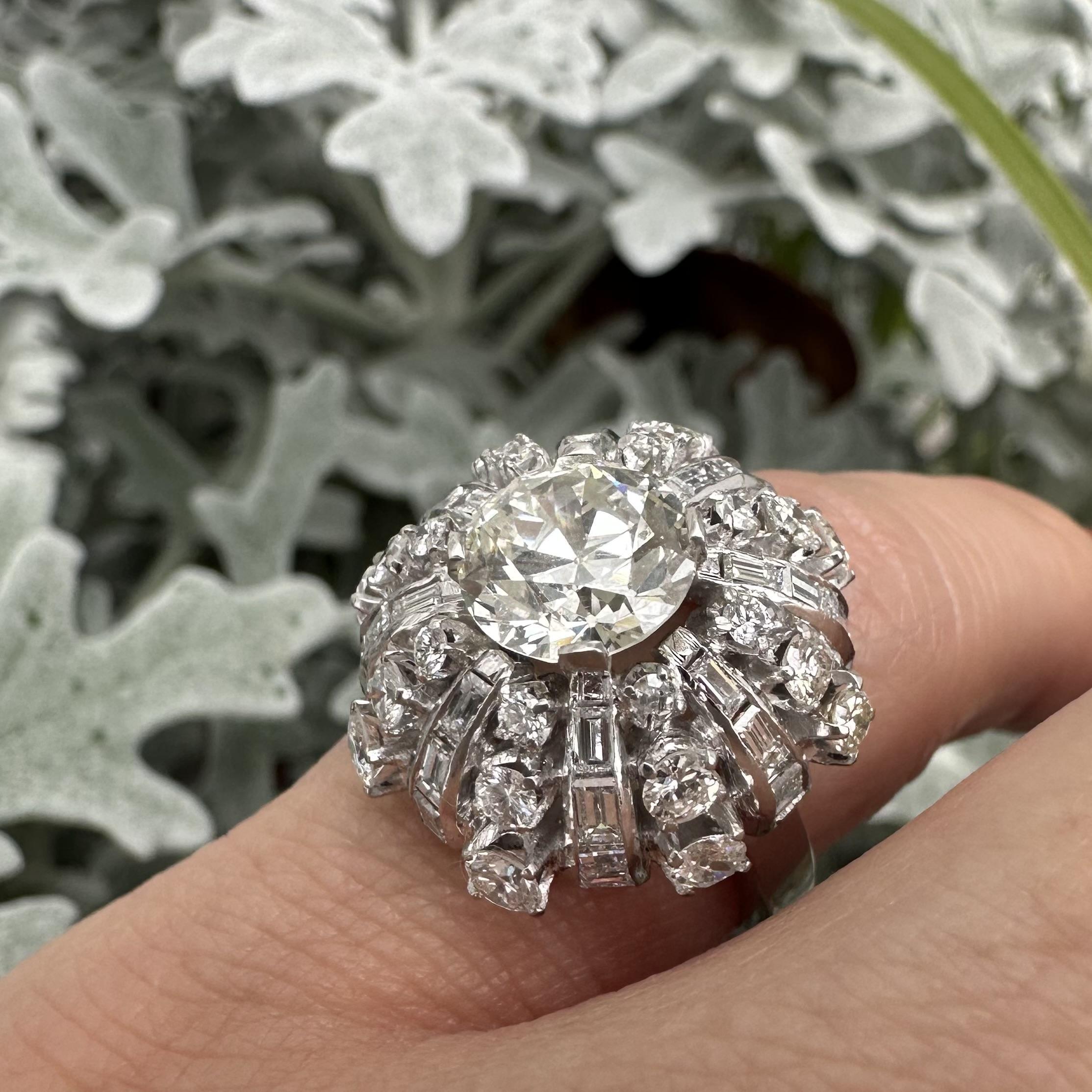 Vintage Platin GIA 3,94ctw alte europäische Diamant Wasserfall gewölbt Cocktail Ring im Angebot 12