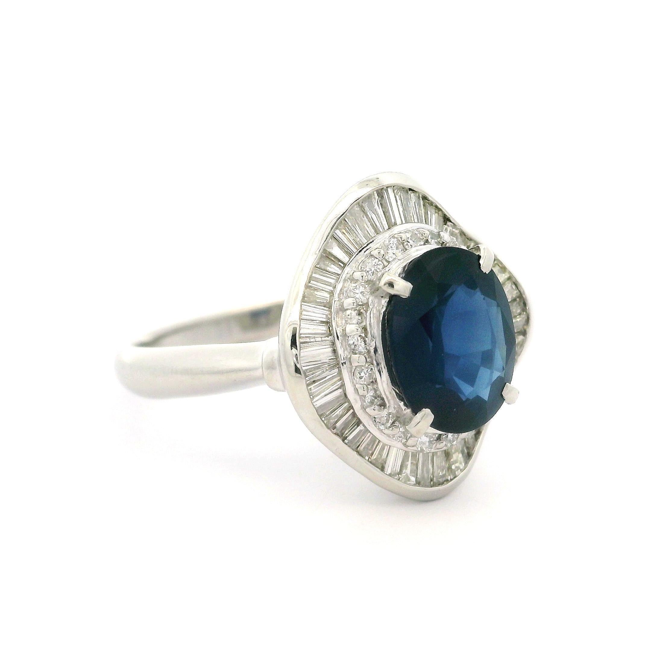 Vintage Platinum GIA 4.19ctw Sapphire & Diamond Ballerina Cocktail Ring For Sale 5