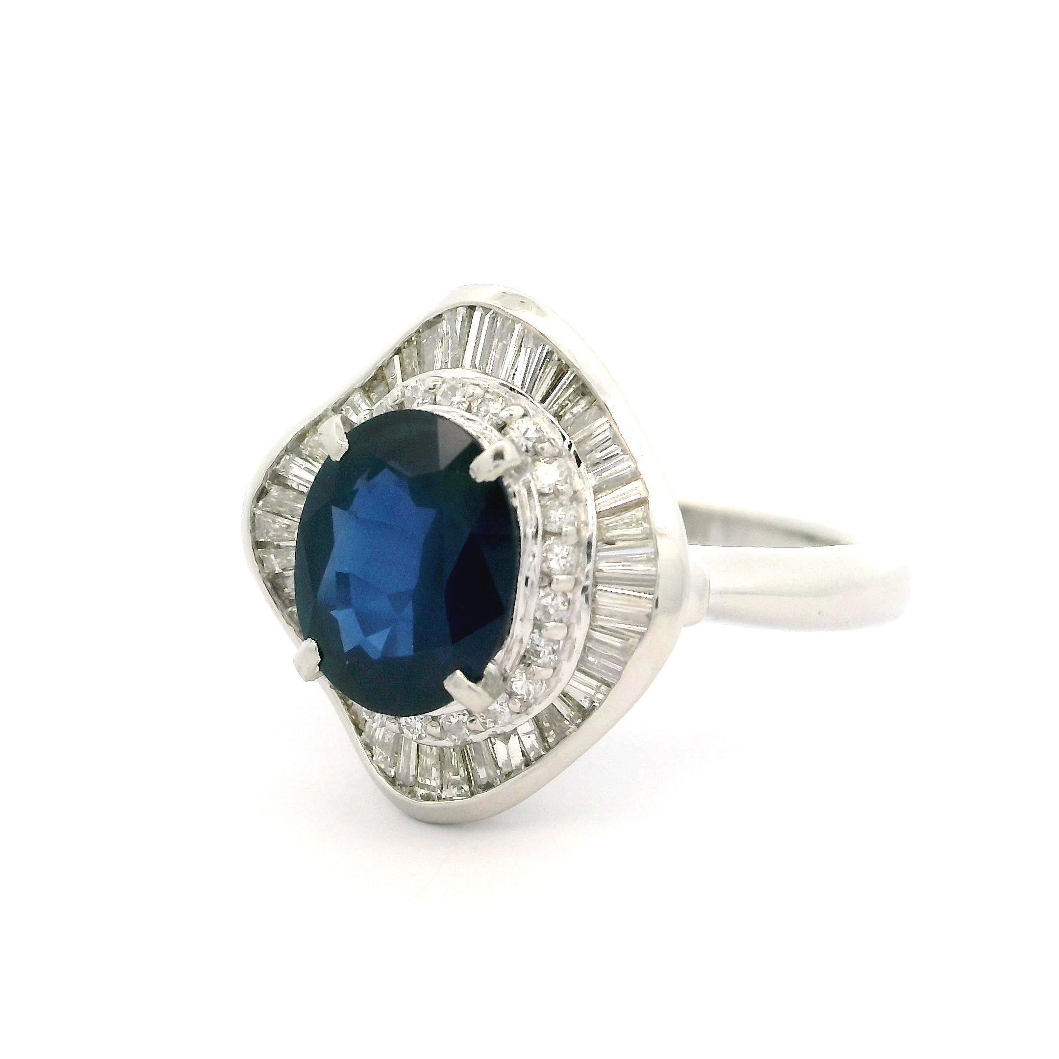 Vintage Platinum GIA 4.19ctw Sapphire & Diamond Ballerina Cocktail Ring For Sale 7
