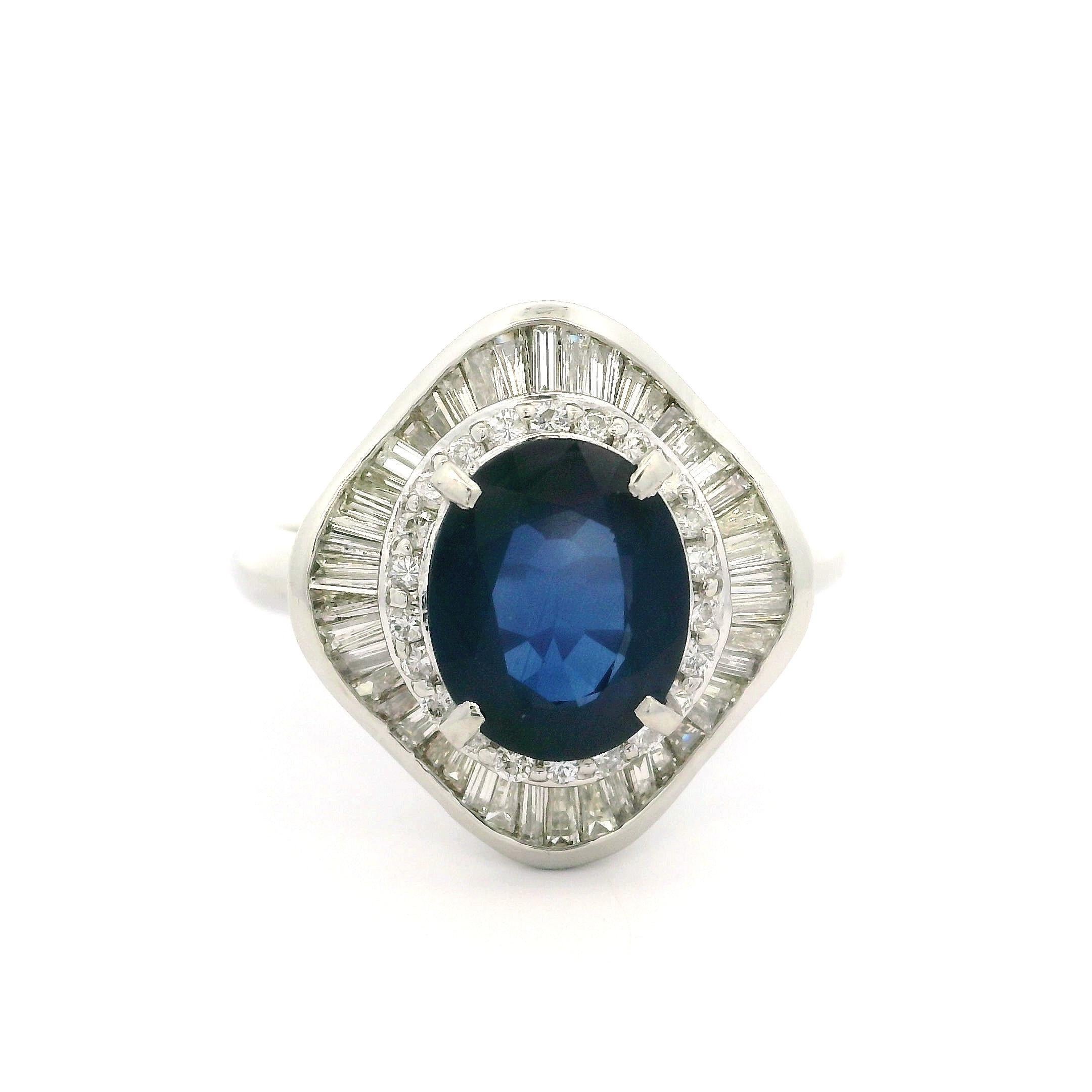 Vintage Platinum GIA 4.19ctw Sapphire & Diamond Ballerina Cocktail Ring For Sale 4