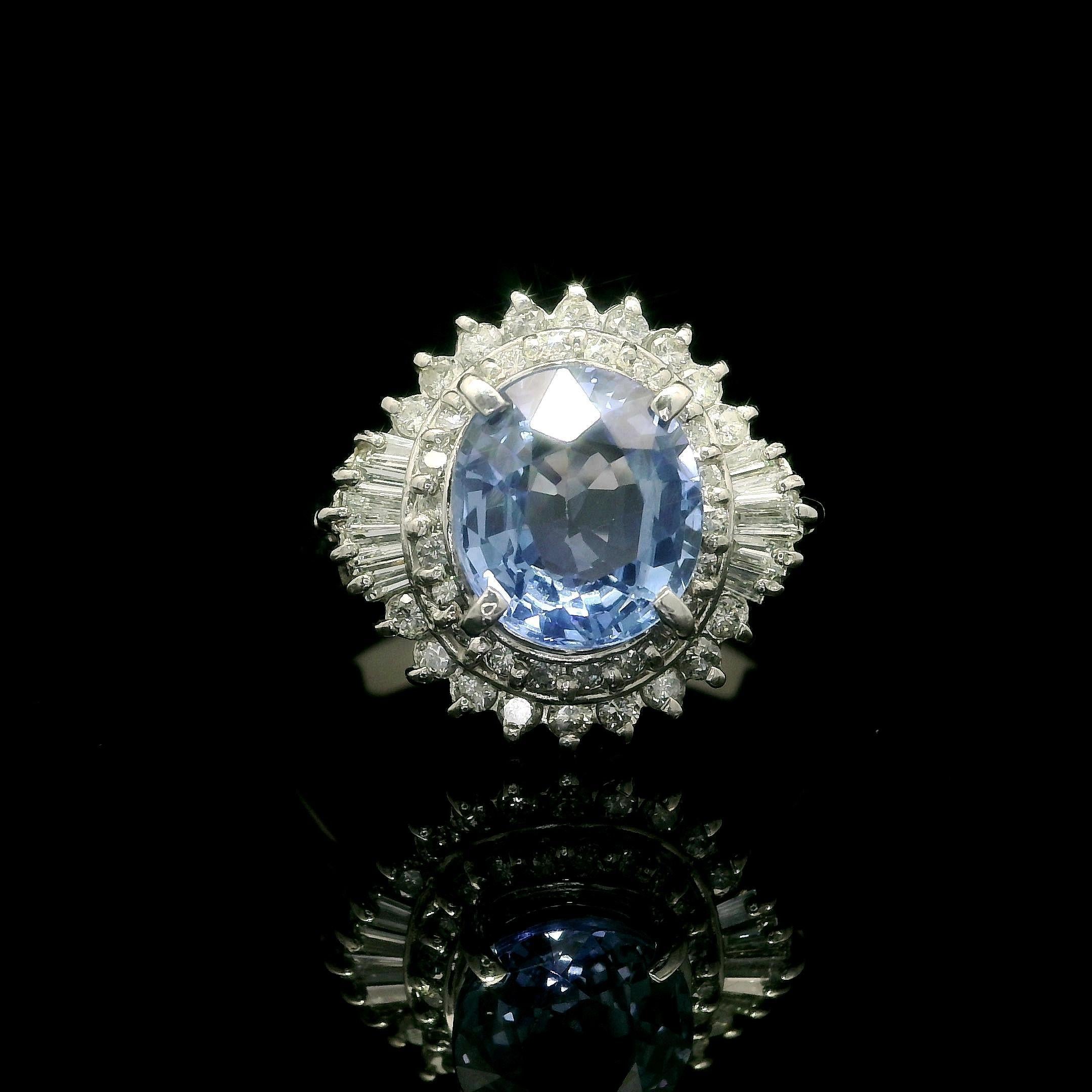 Anello vintage in platino GIA con zaffiro blu pervinca ovale e diamanti da 4,20 ct. in vendita 7