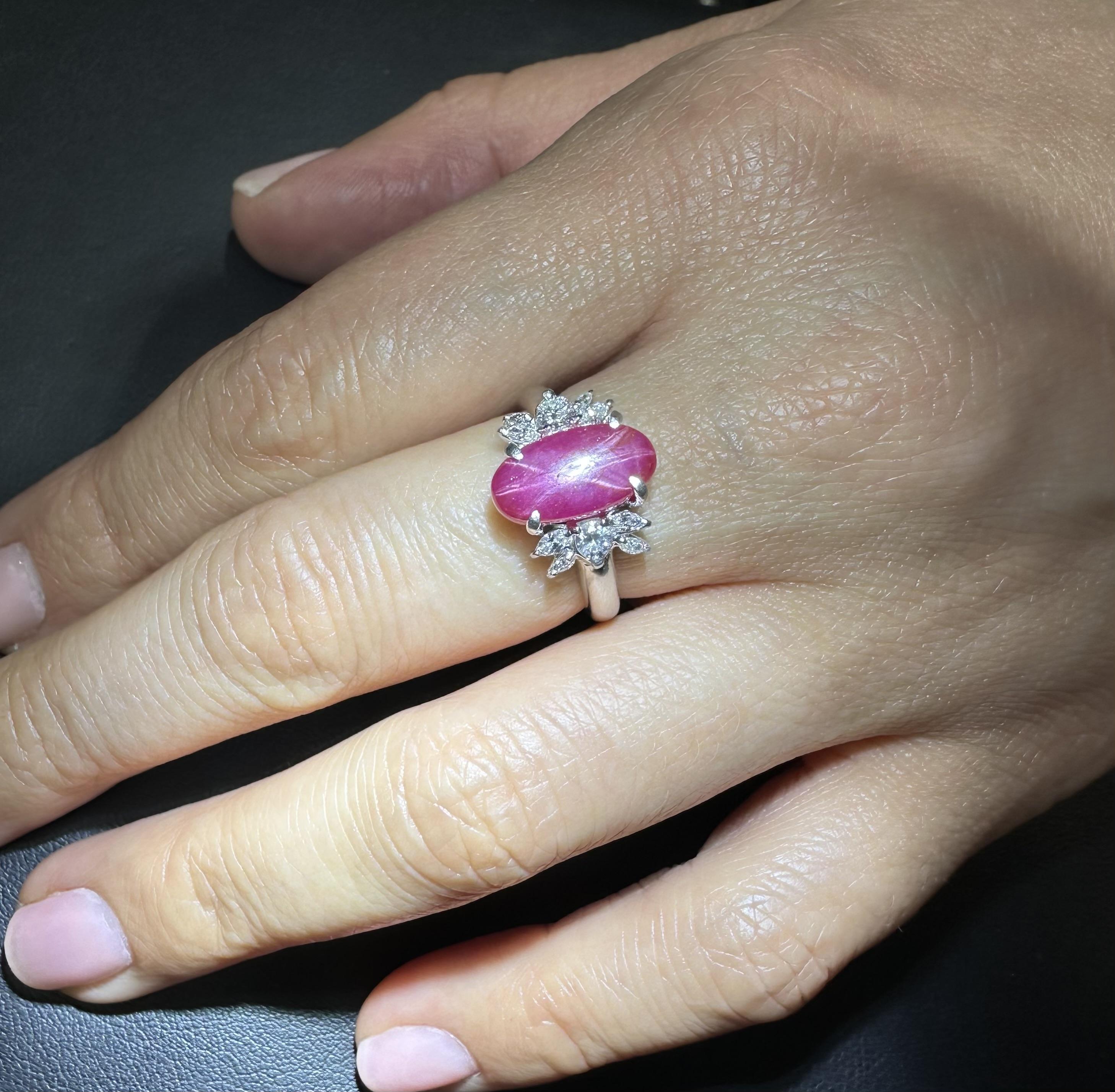 Vintage Platinum GIA 4.49ctw No Heat Oval Star Ruby & Diamond Cocktail Ring For Sale 7