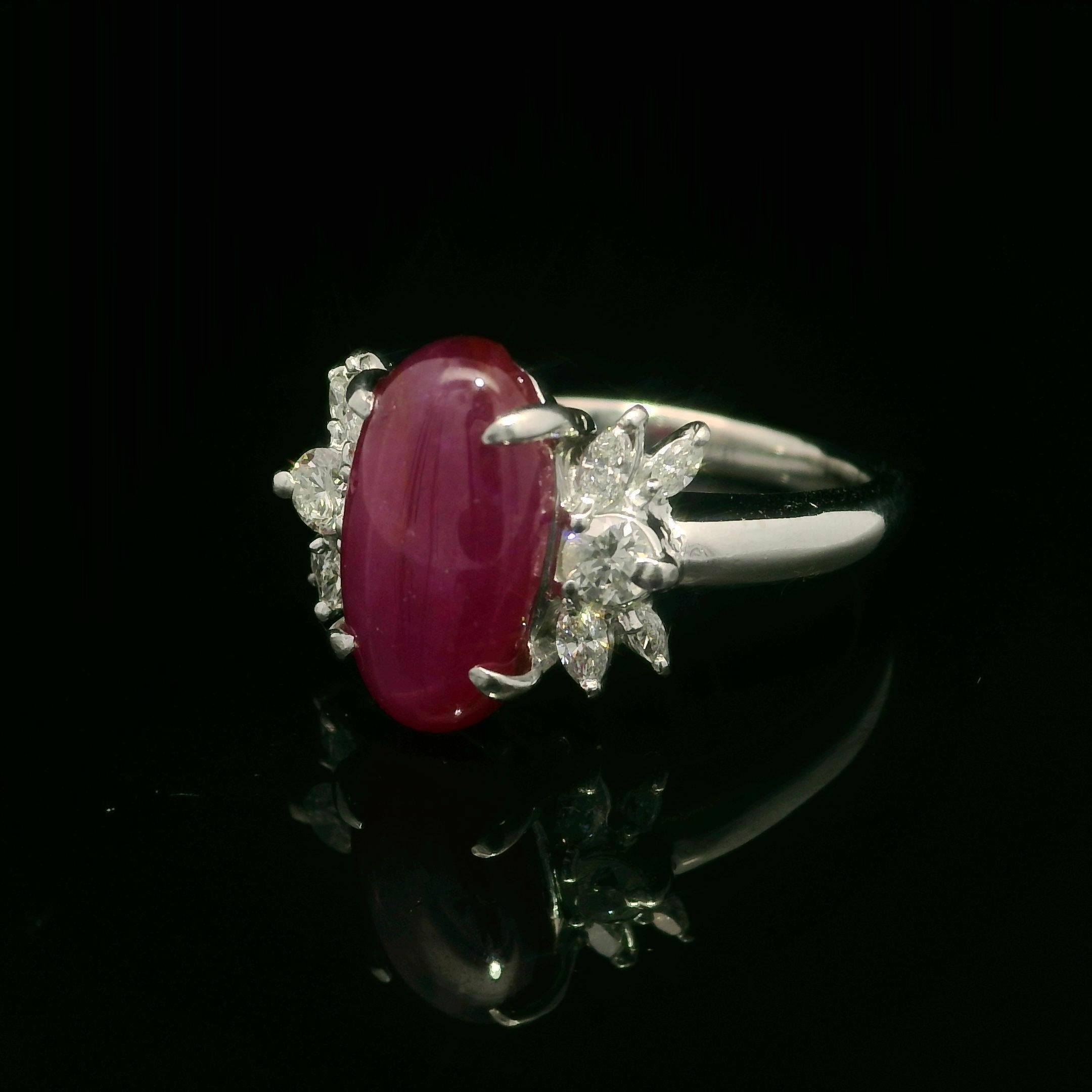 Cabochon Vintage Platinum GIA 4.49ctw No Heat Oval Star Ruby & Diamond Cocktail Ring For Sale