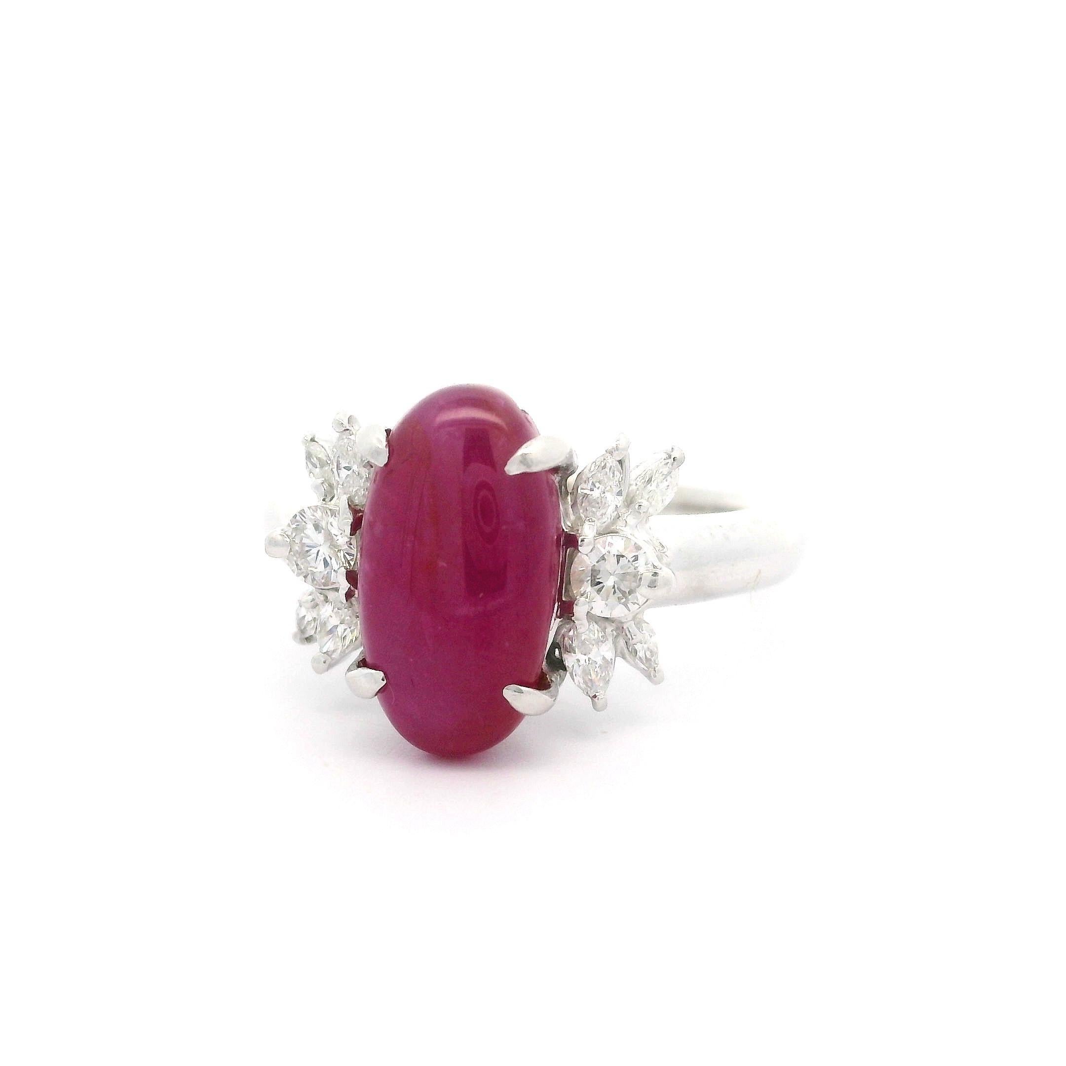 Women's Vintage Platinum GIA 4.49ctw No Heat Oval Star Ruby & Diamond Cocktail Ring For Sale