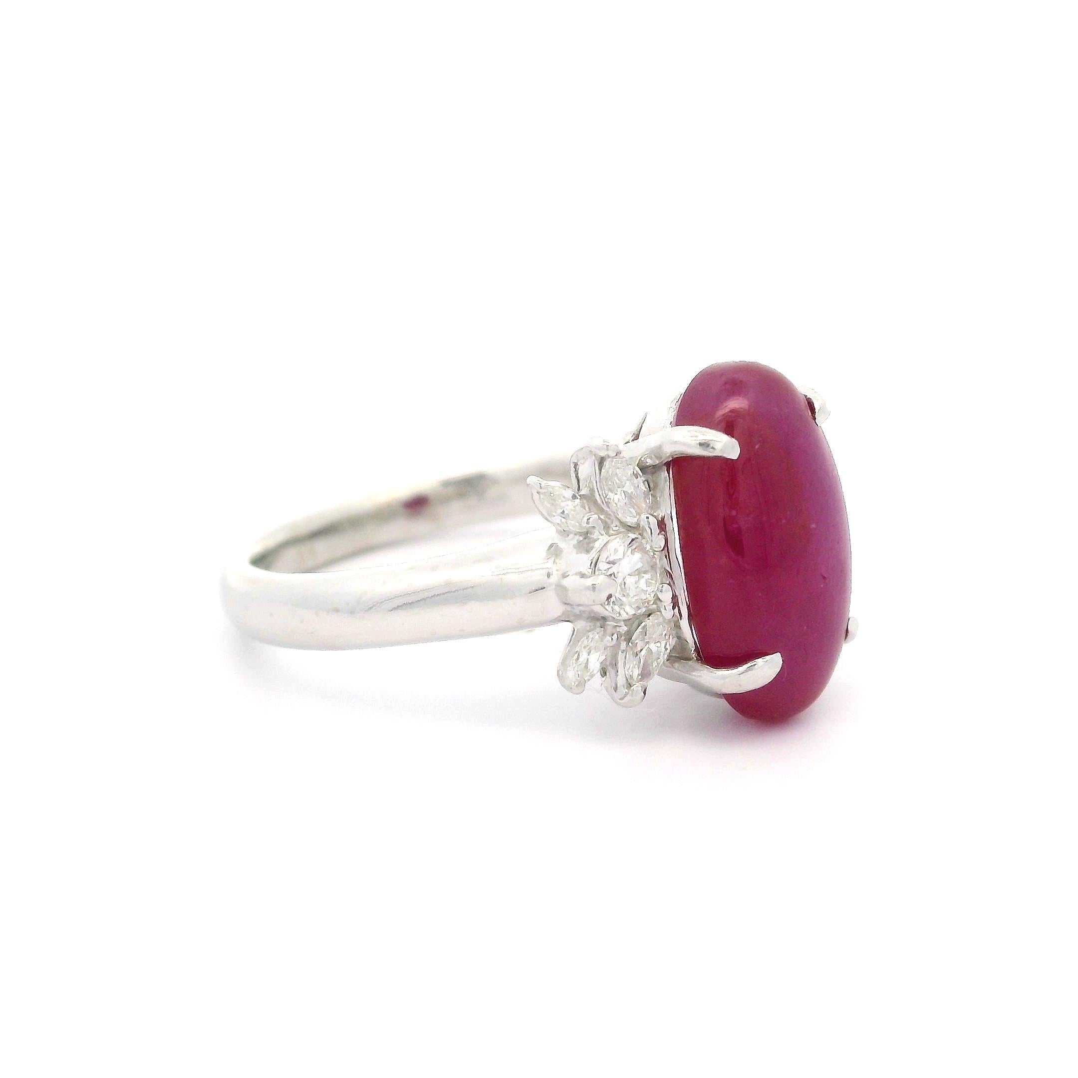 Vintage Platinum GIA 4.49ctw No Heat Oval Star Ruby & Diamond Cocktail Ring For Sale 2
