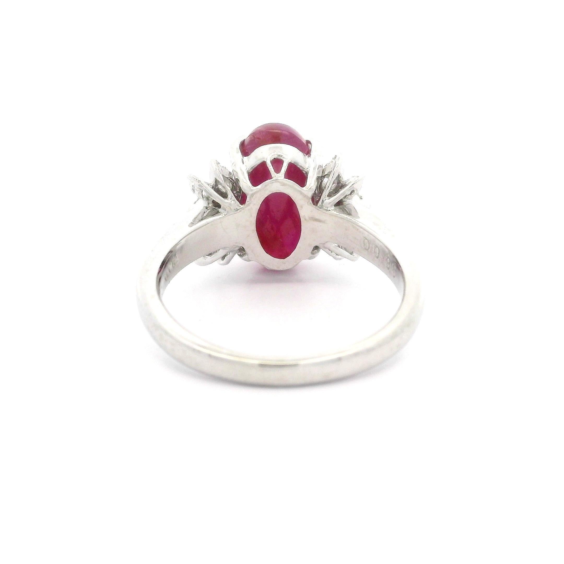 Vintage Platinum GIA 4.49ctw No Heat Oval Star Ruby & Diamond Cocktail Ring For Sale 3