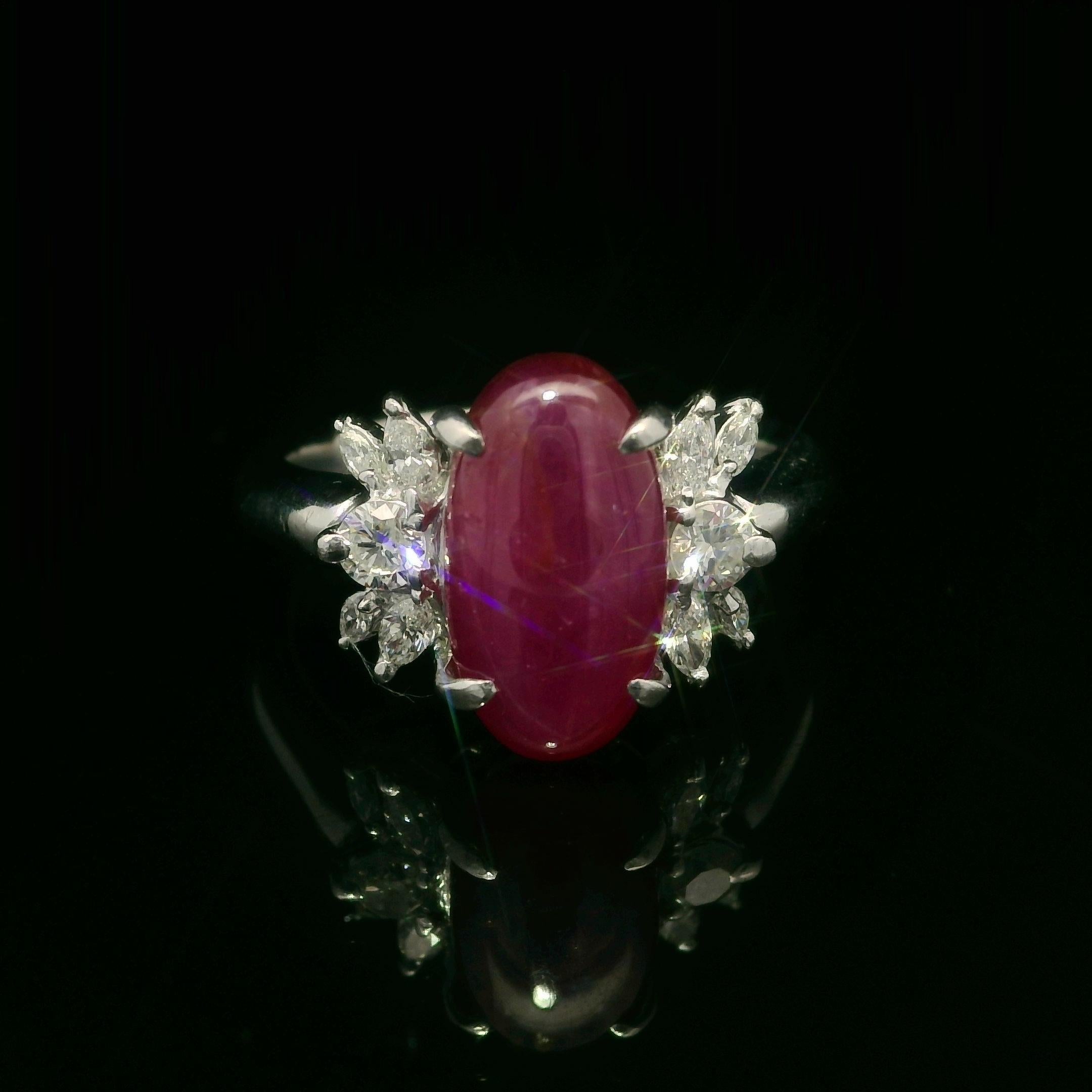 Vintage Platinum GIA 4.49ctw No Heat Oval Star Ruby & Diamond Cocktail Ring For Sale 4