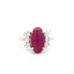 Bague cocktail vintage en platine GIA 4,49 ctw sans chaleur, étoile ovale, rubis et diamants