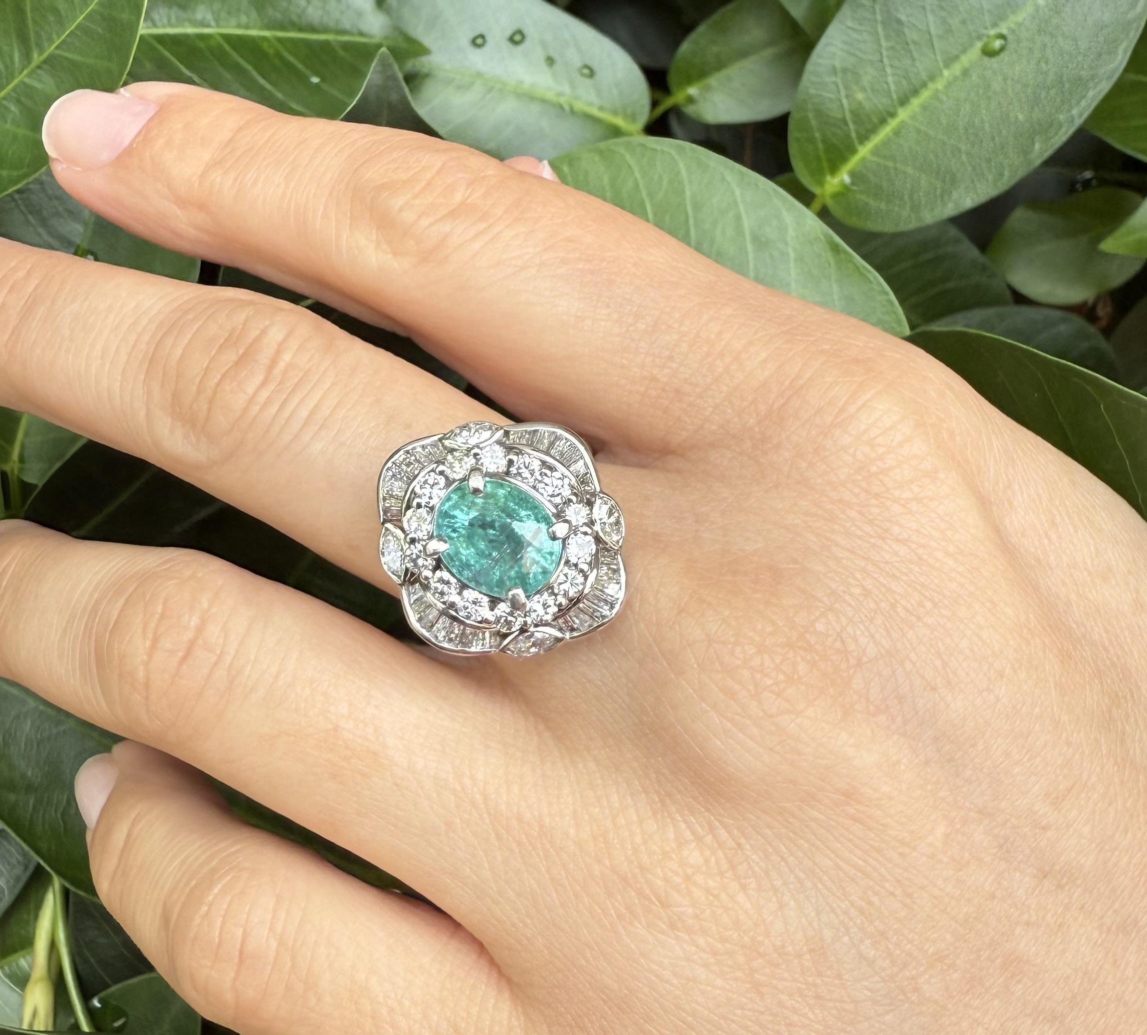 Vintage Platinum GIA 4.54ct Bluish Green Glowing Paraiba Tourmaline Diamond Ring For Sale 8