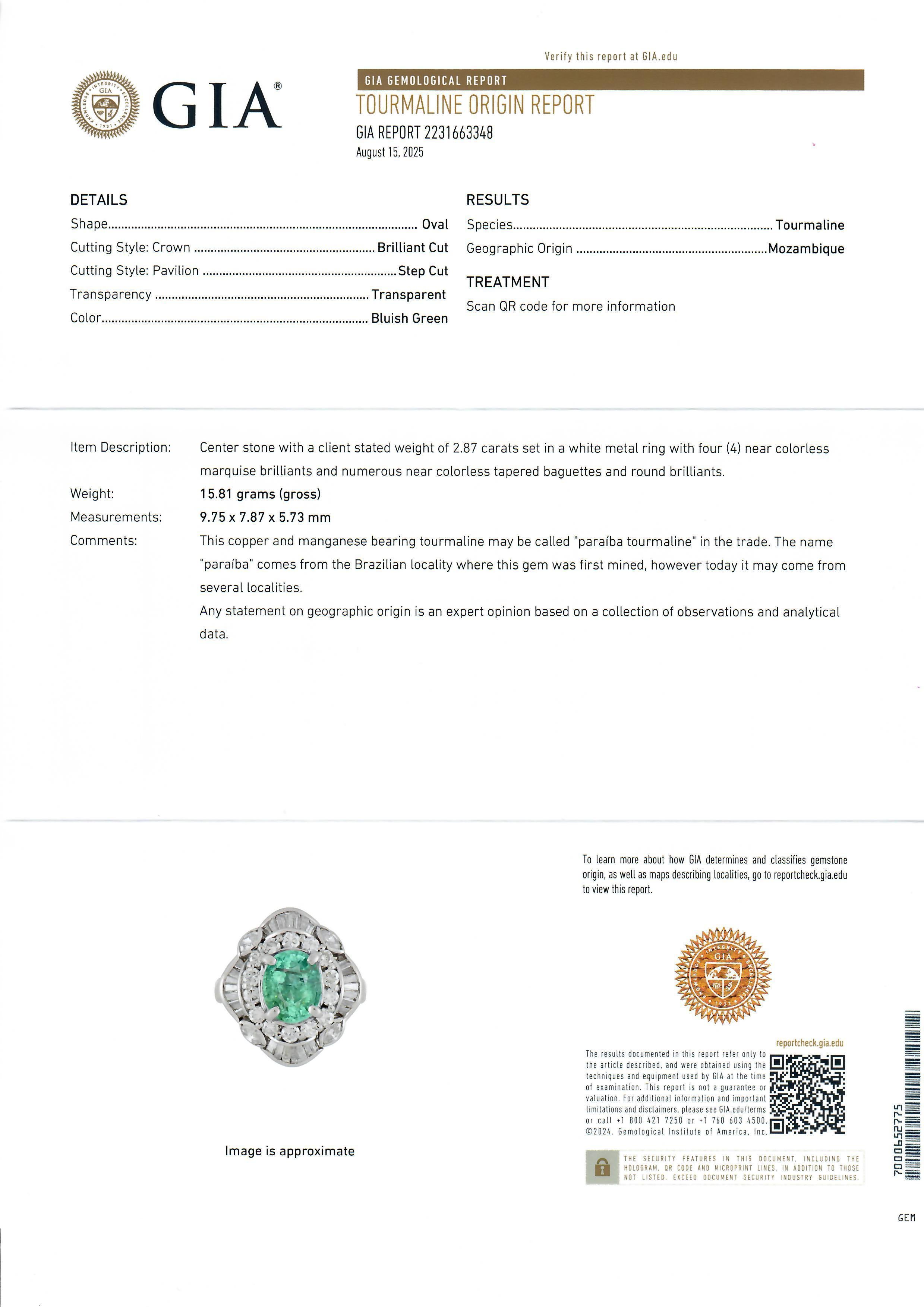 Vintage Platinum GIA 4.54ct Bluish Green Glowing Paraiba Tourmaline Diamond Ring For Sale 4