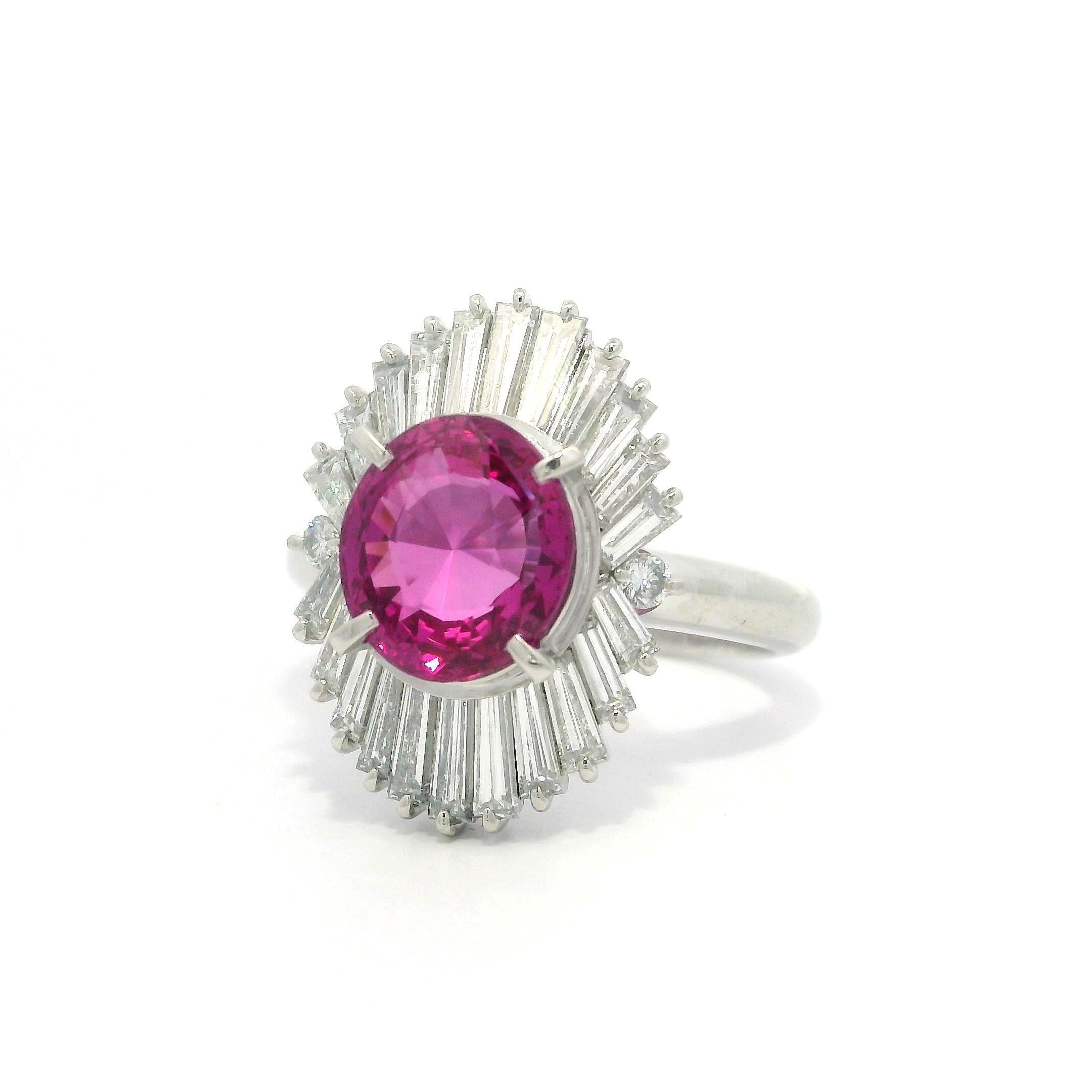 Vintage Platin GIA 4,67ctw VIVID CLEAN Pink Saphir Baguette Diamantring, Vintage