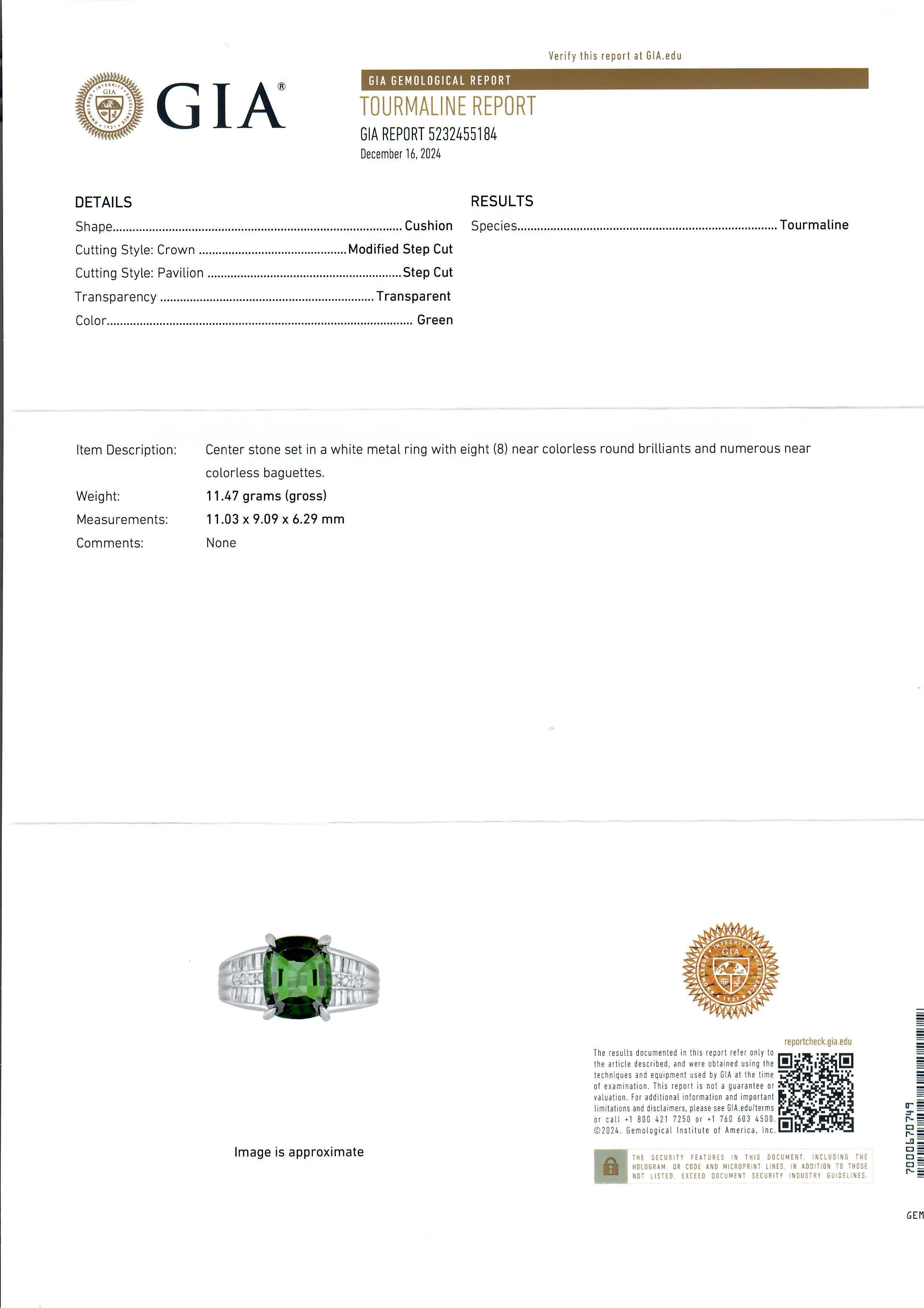 Vintage Platin GIA 5,31ct Vivid Green Cushion Turmalin Diamant Cocktail Ring im Angebot 2