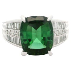 Vintage Platinum GIA 5.31ct Vivid Green Cushion Tourmaline Diamond Cocktail Ring