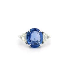 Vintage Platinum GIA 5.46ct Oval No Heat Sapphire w/ Trillion Diamonds Ring