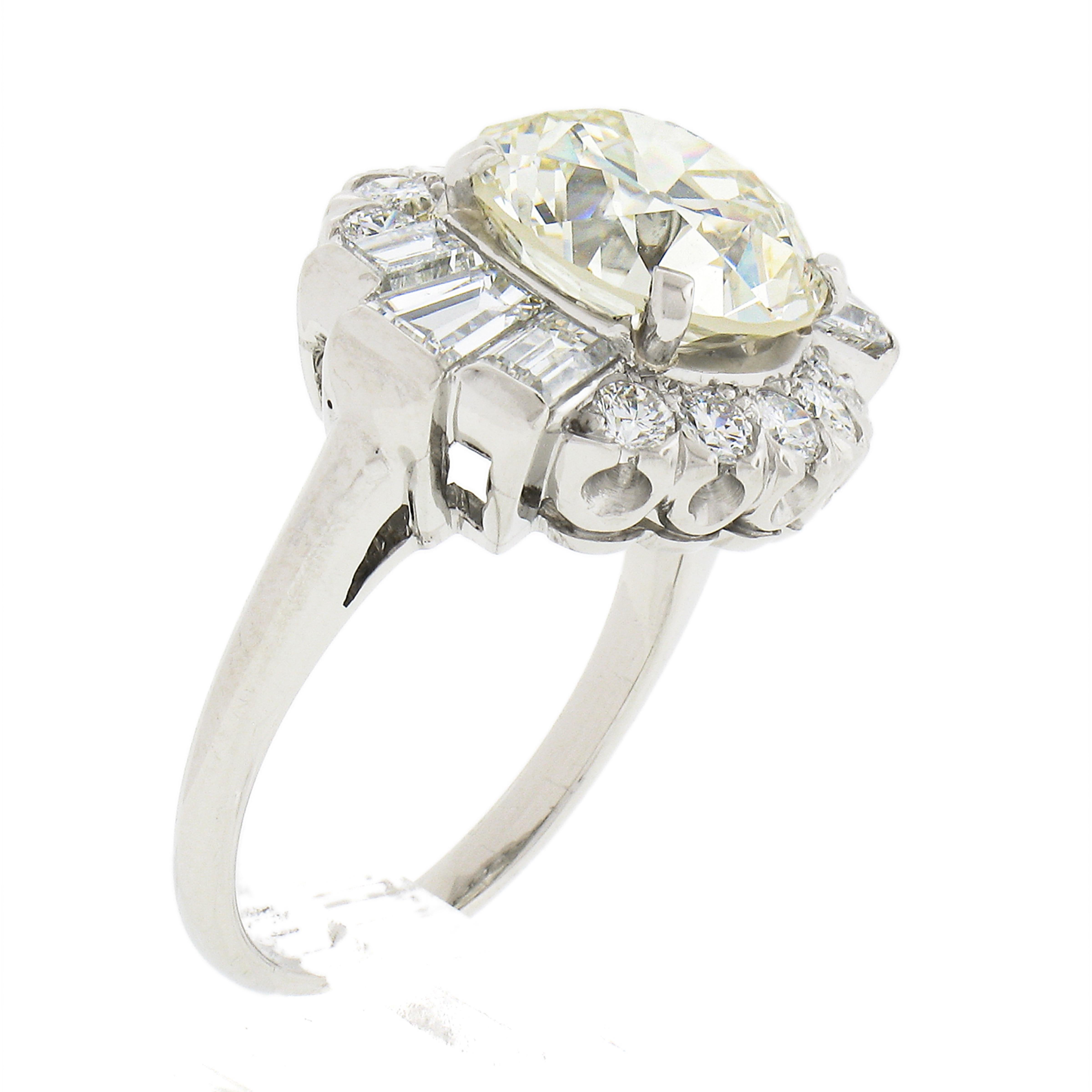 Vintage Platinum GIA 5.56ctw Old Cut Round & Baguette Diamond Engagement Ring For Sale 5
