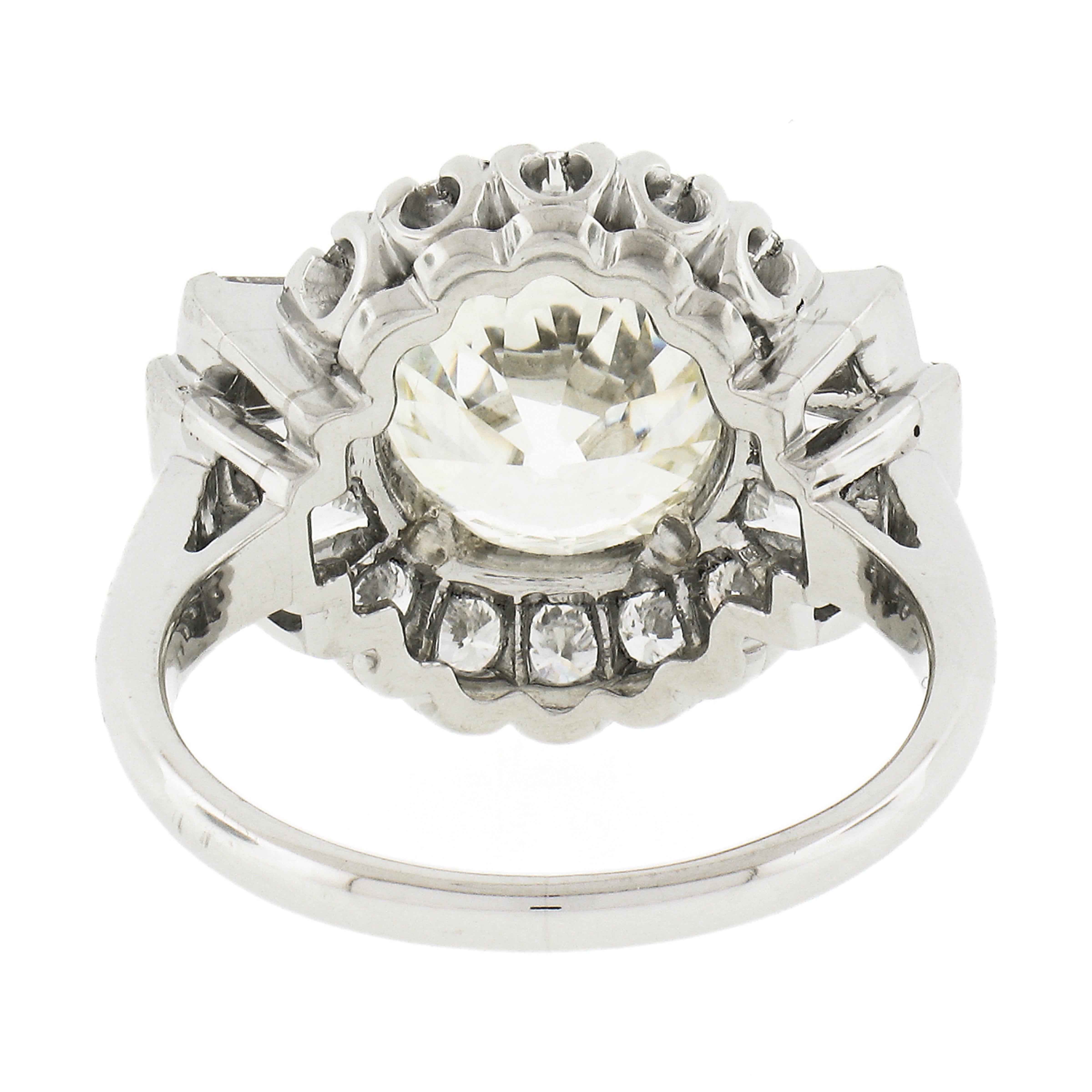Vintage Platinum GIA 5.56ctw Old Cut Round & Baguette Diamond Engagement Ring For Sale 3