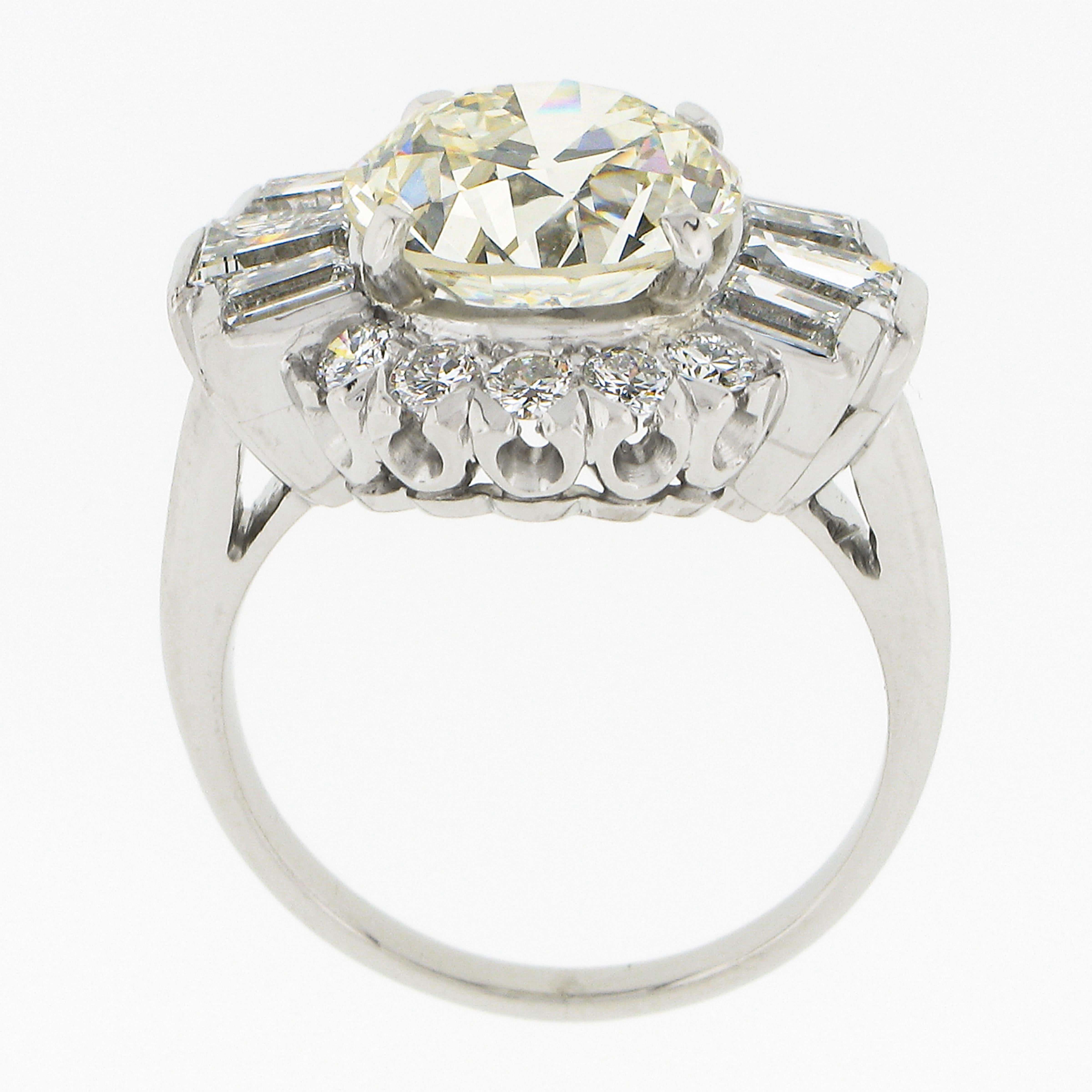 Vintage Platinum GIA 5.56ctw Old Cut Round & Baguette Diamond Engagement Ring For Sale 4