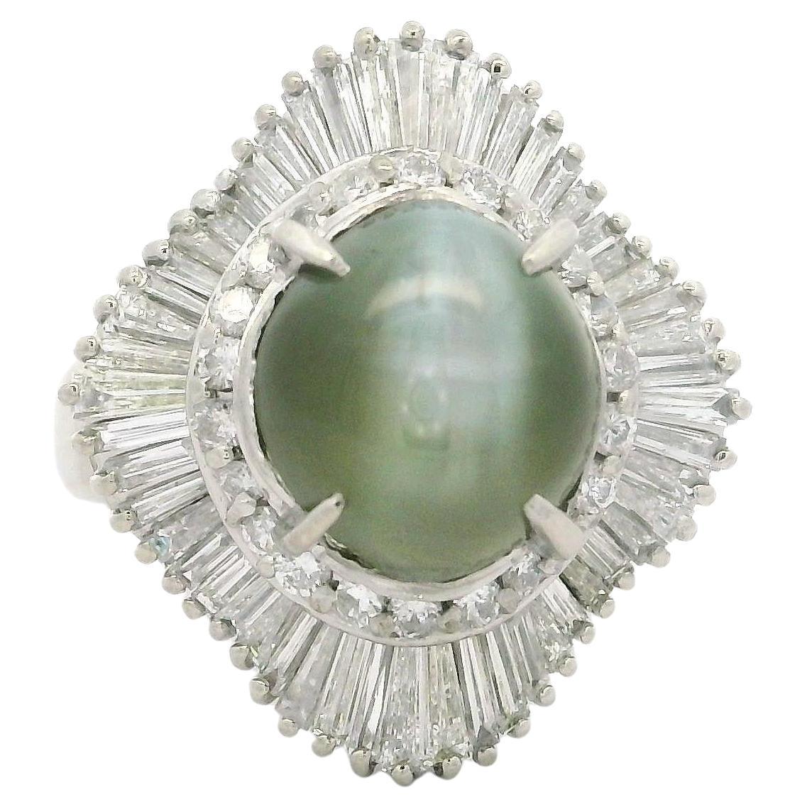 Anillo de cóctel bailarina ondulado de platino vintage GIA 5,61 ctw Ojo de gato y diamante