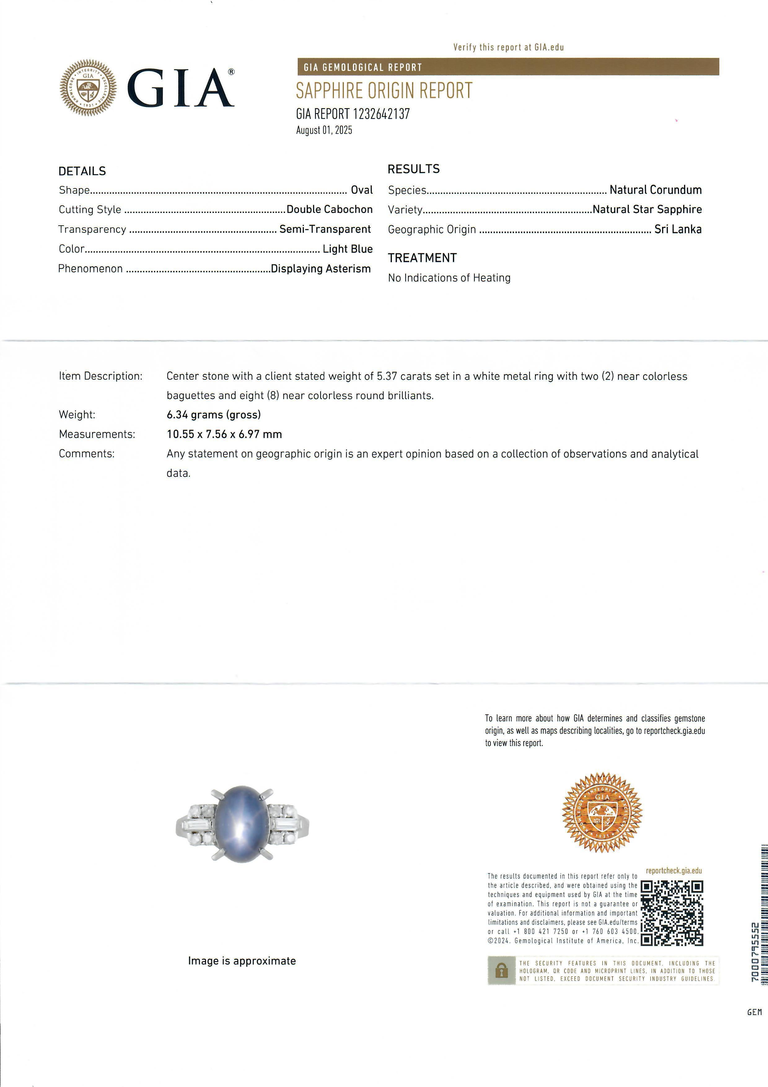 Vintage Platin GIA 5,75ctw Blue Star Sapphire w / Baguette Diamant-Seiten Ring im Angebot 8