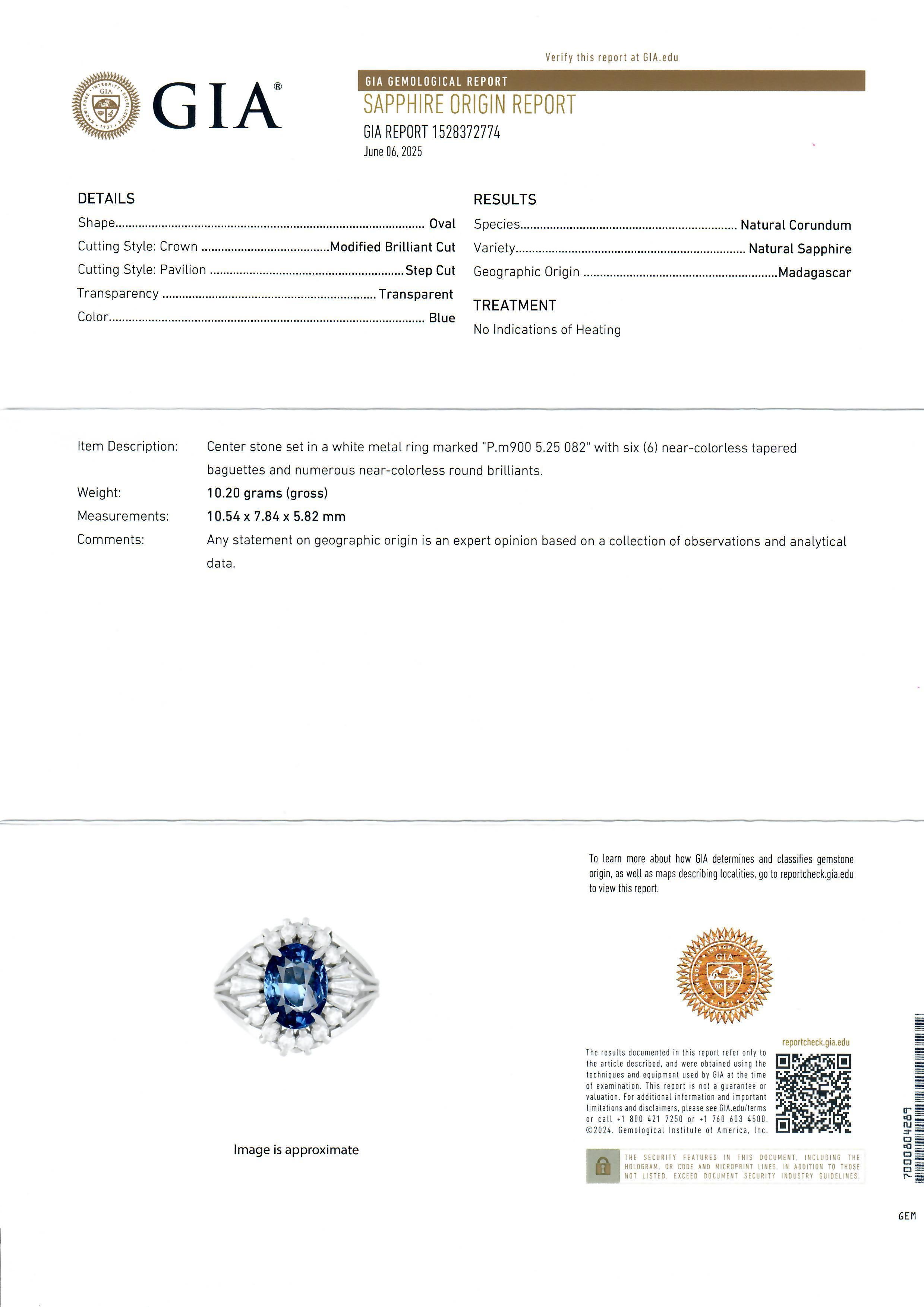 Vintage Platine GIA 6.07ctw No Heat Sapphire Diamond Open Side Shank Ring en vente 1
