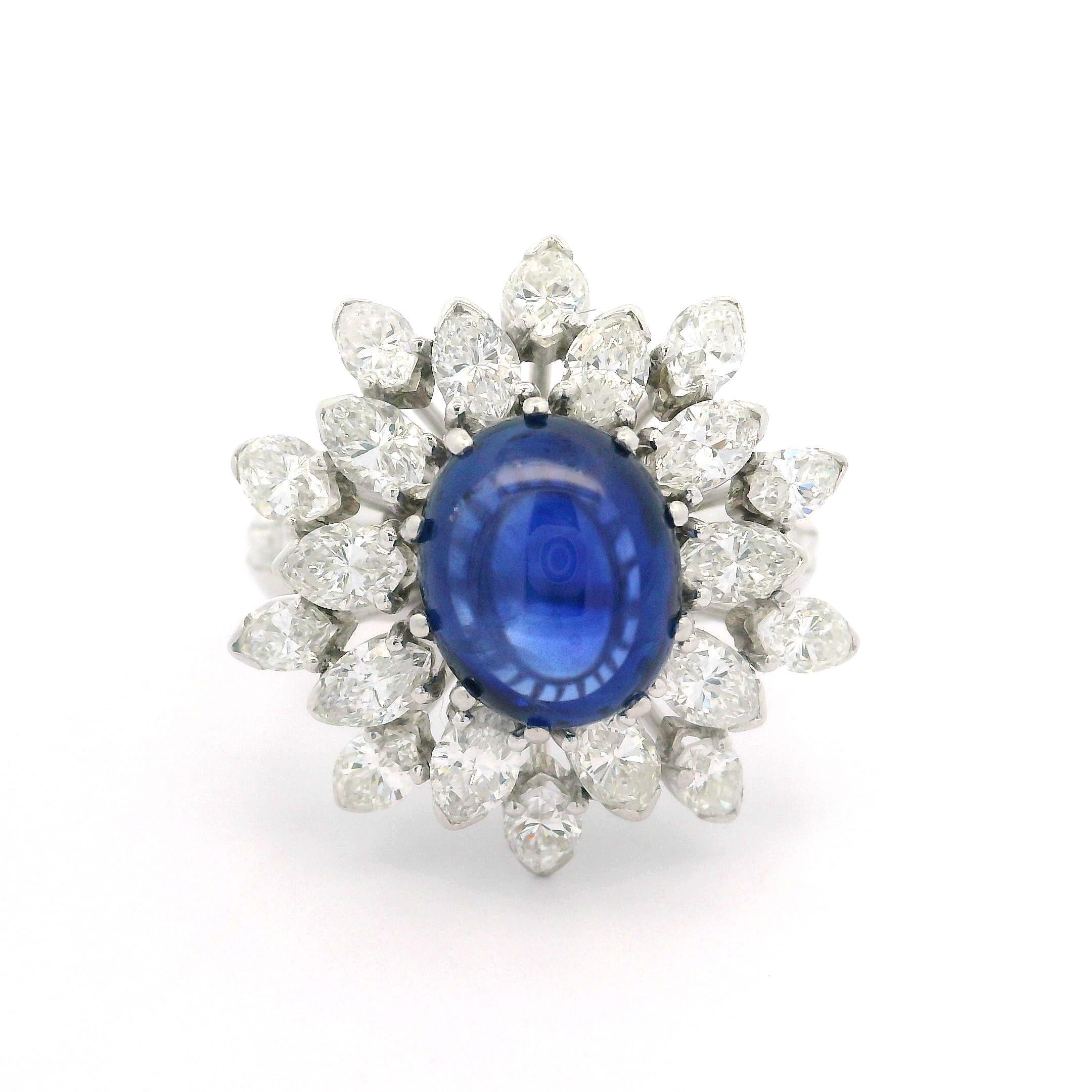 Vintage Platinum GIA 6.50ctw Cabochon ROYAL BLUE Sapphire & Diamond Ring For Sale 6