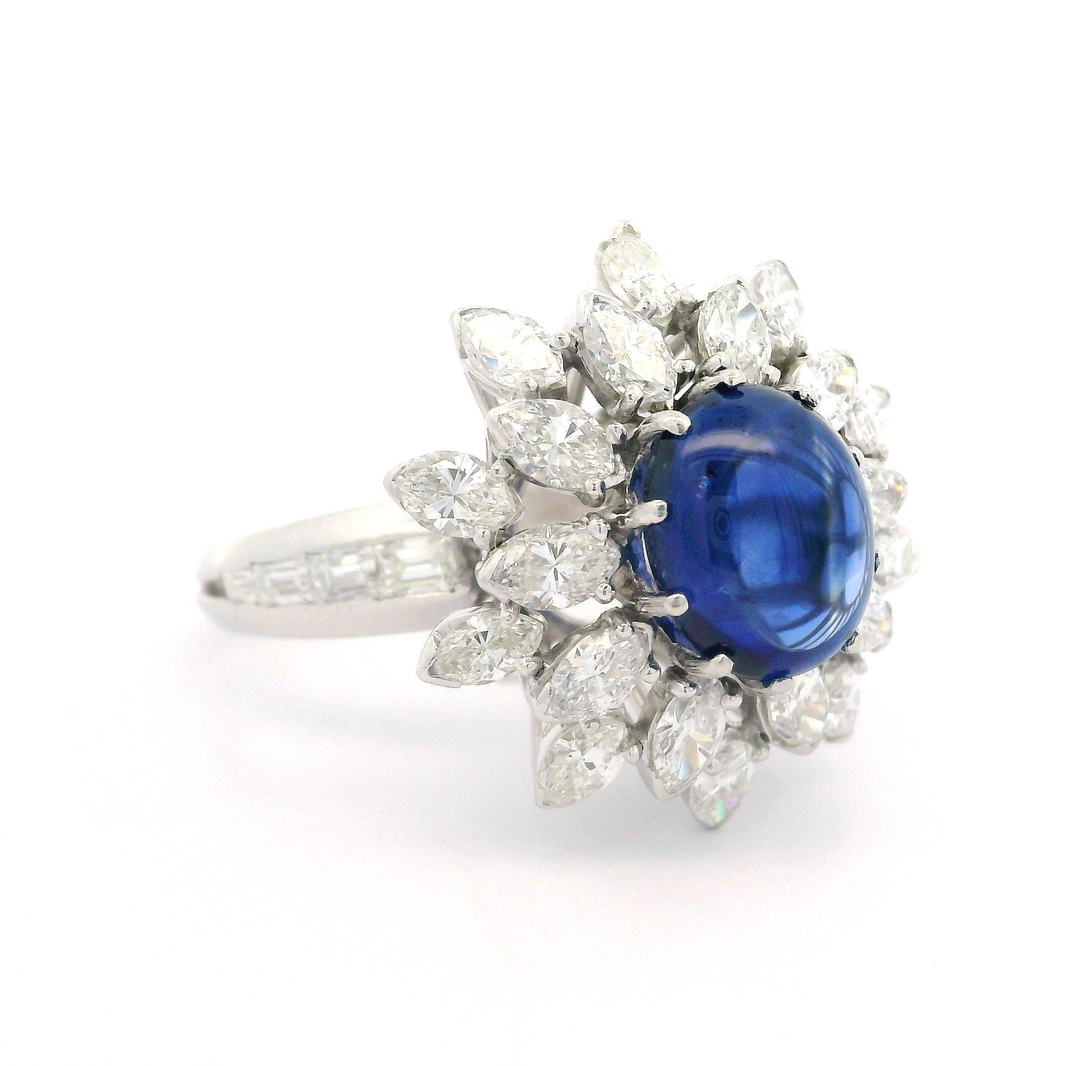 Vintage Platinum GIA 6.50ctw Cabochon ROYAL BLUE Sapphire & Diamond Ring For Sale 7