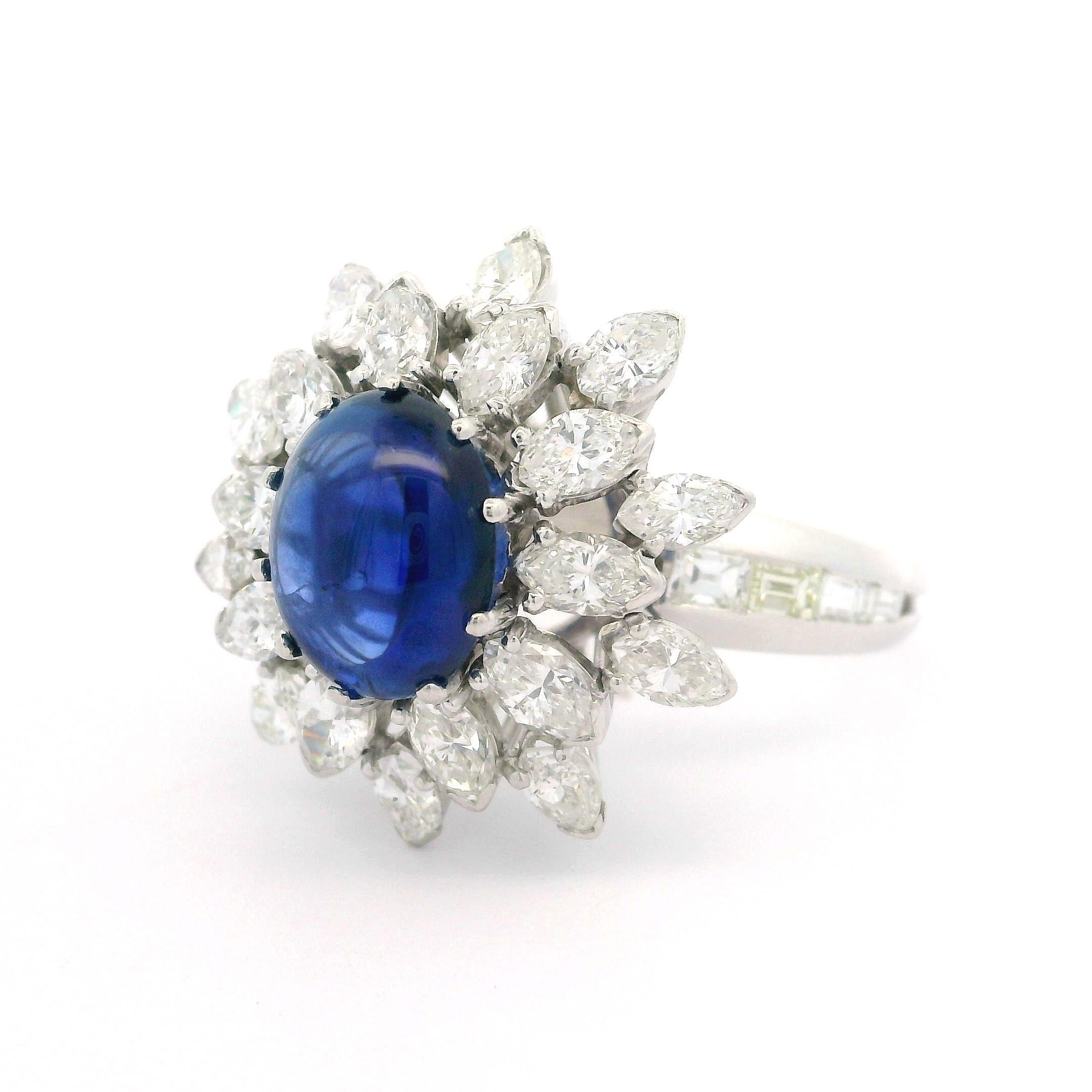 Vintage Platinum GIA 6.50ctw Cabochon ROYAL BLUE Sapphire & Diamond Ring For Sale 8