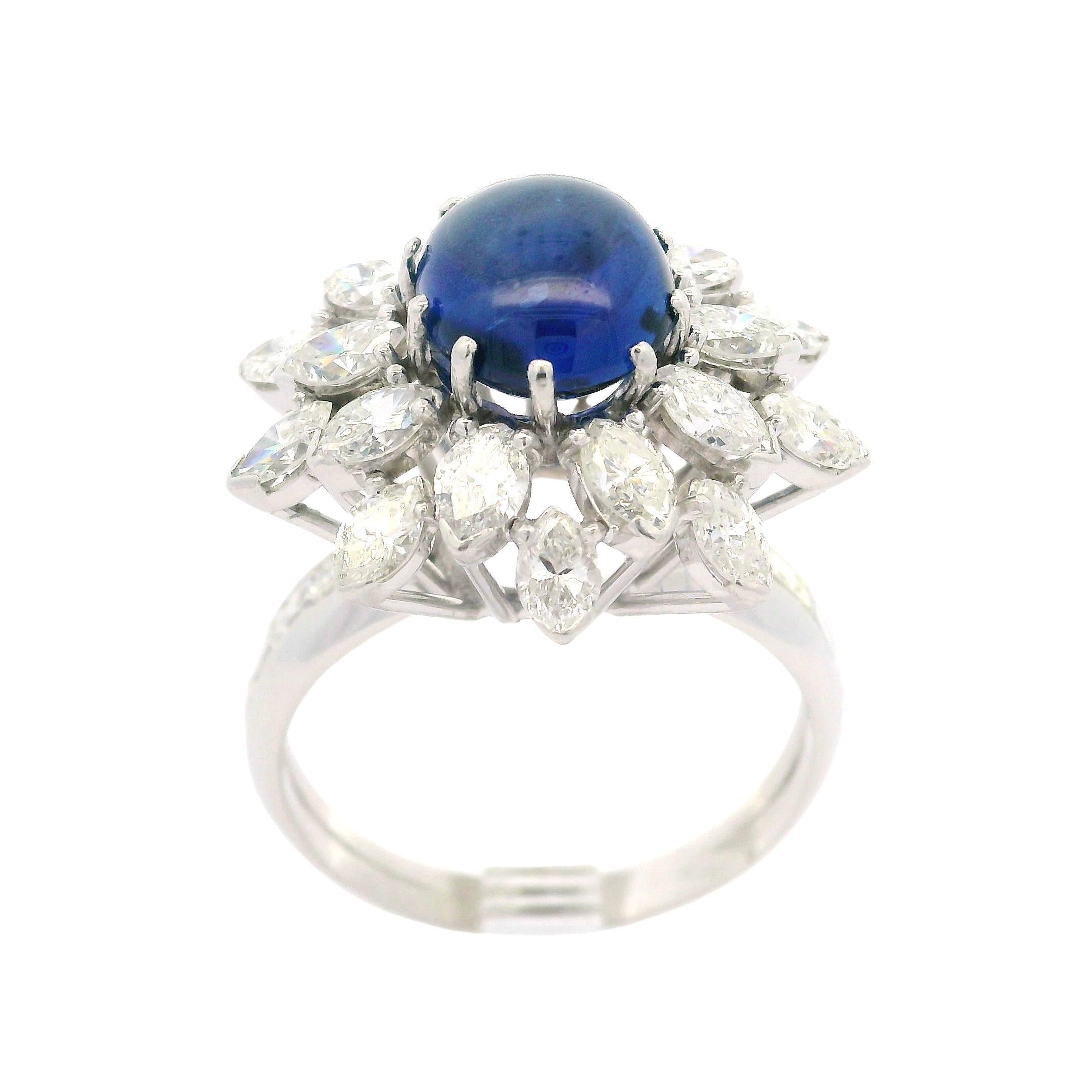 Vintage Platinum GIA 6.50ctw Cabochon ROYAL BLUE Sapphire & Diamond Ring For Sale 9