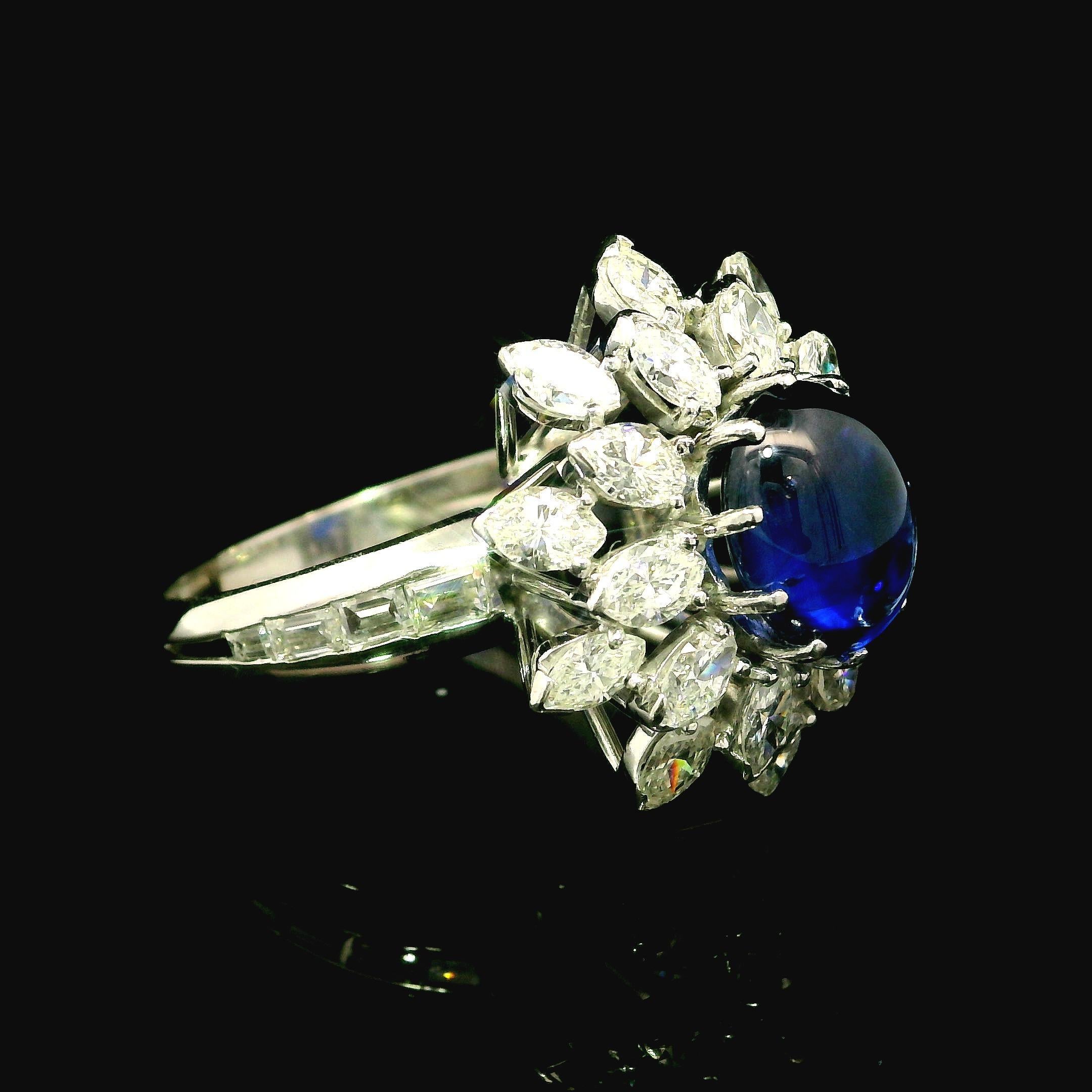 Vintage Platinum GIA 6.50ctw Cabochon ROYAL BLUE Sapphire & Diamond Ring In Excellent Condition For Sale In Montclair, NJ