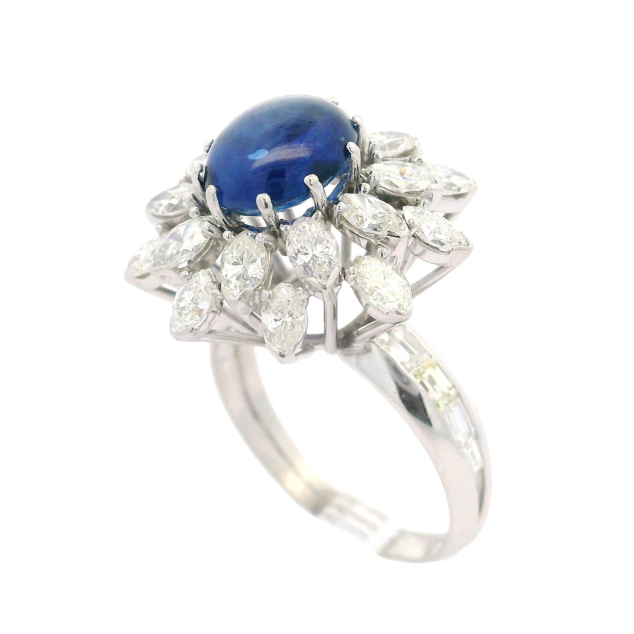 Vintage Platinum GIA 6.50ctw Cabochon ROYAL BLUE Sapphire & Diamond Ring For Sale 1