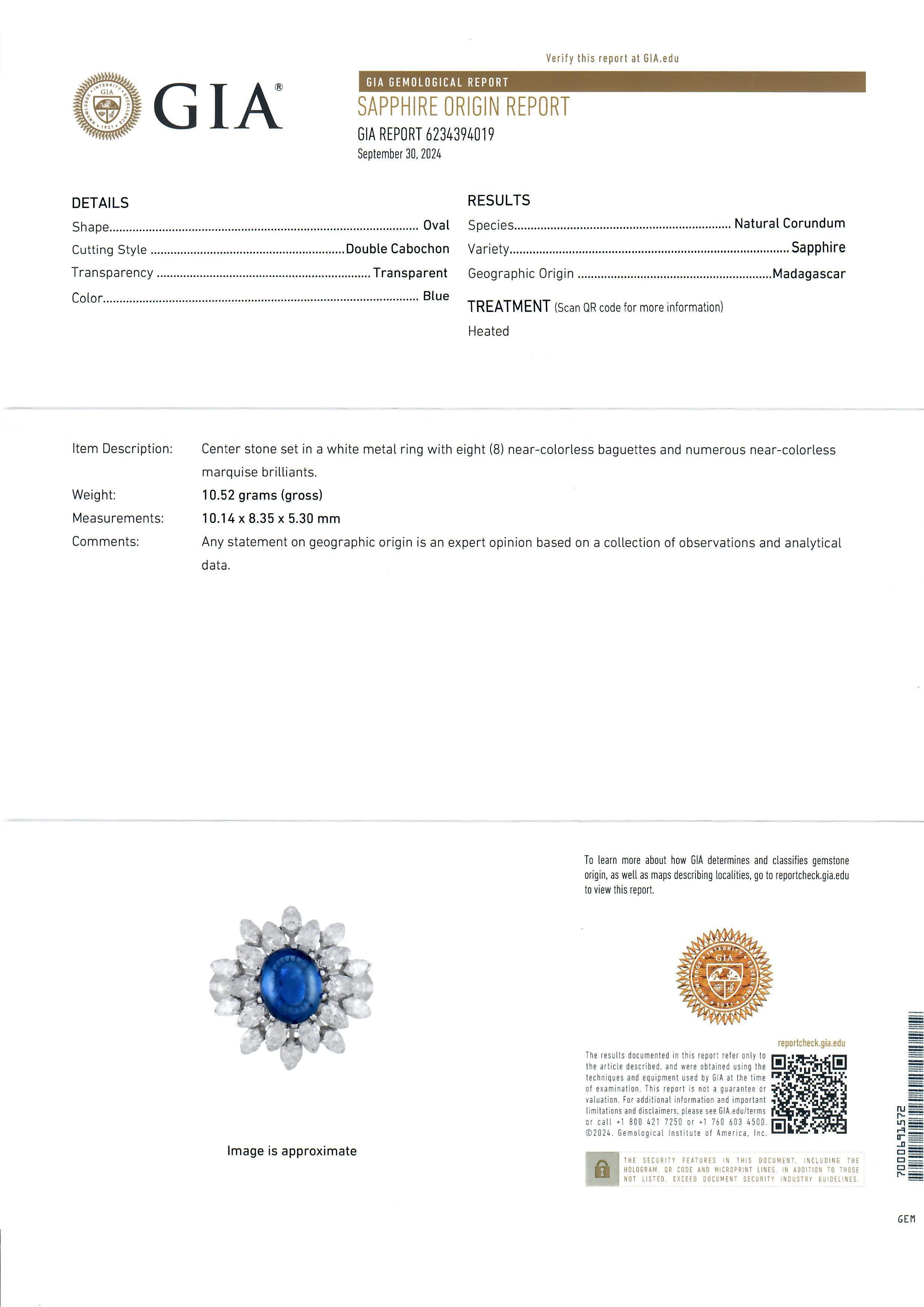 Vintage Platinum GIA 6.50ctw Cabochon ROYAL BLUE Sapphire & Diamond Ring For Sale 4
