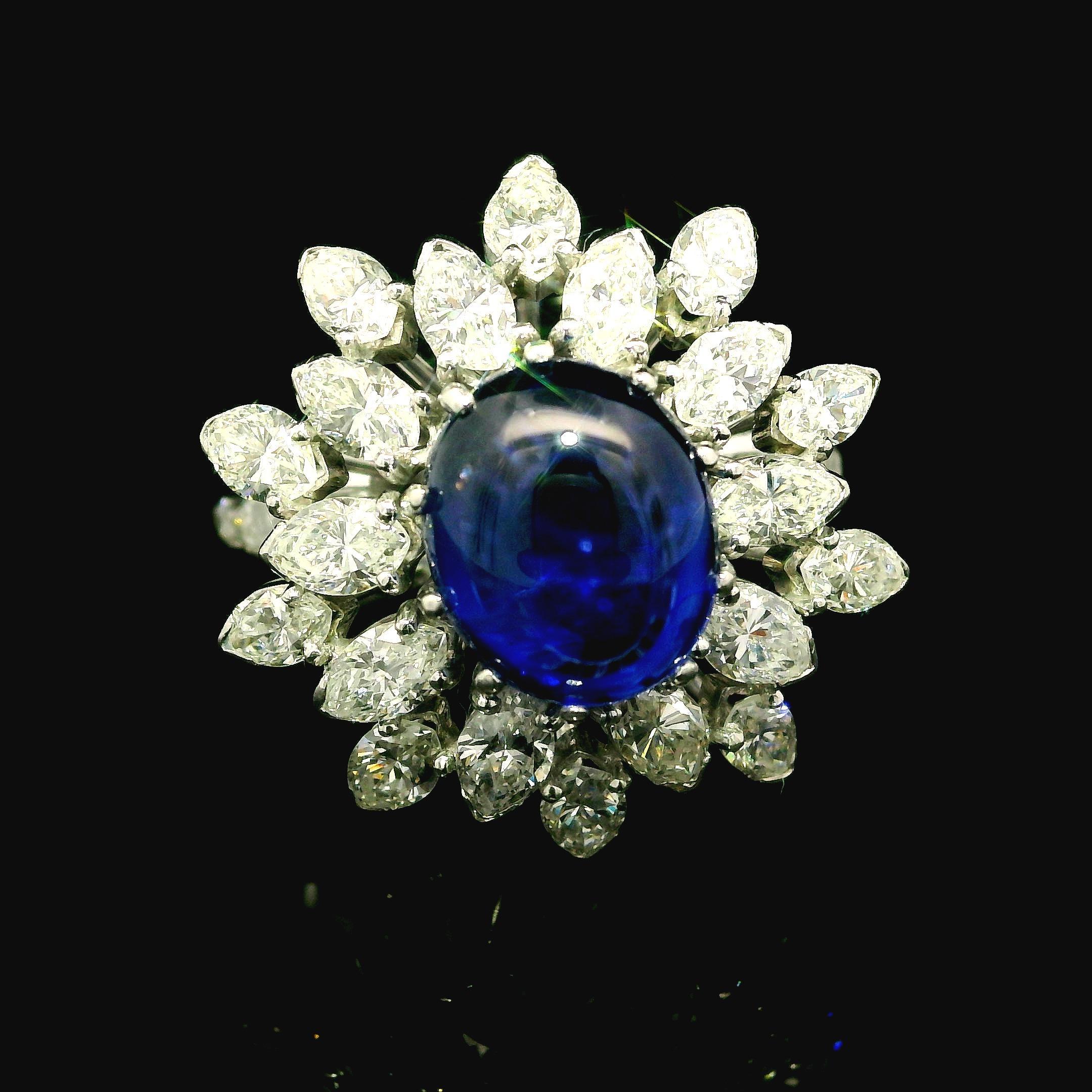 Vintage Platinum GIA 6.50ctw Cabochon ROYAL BLUE Sapphire & Diamond Ring For Sale 5