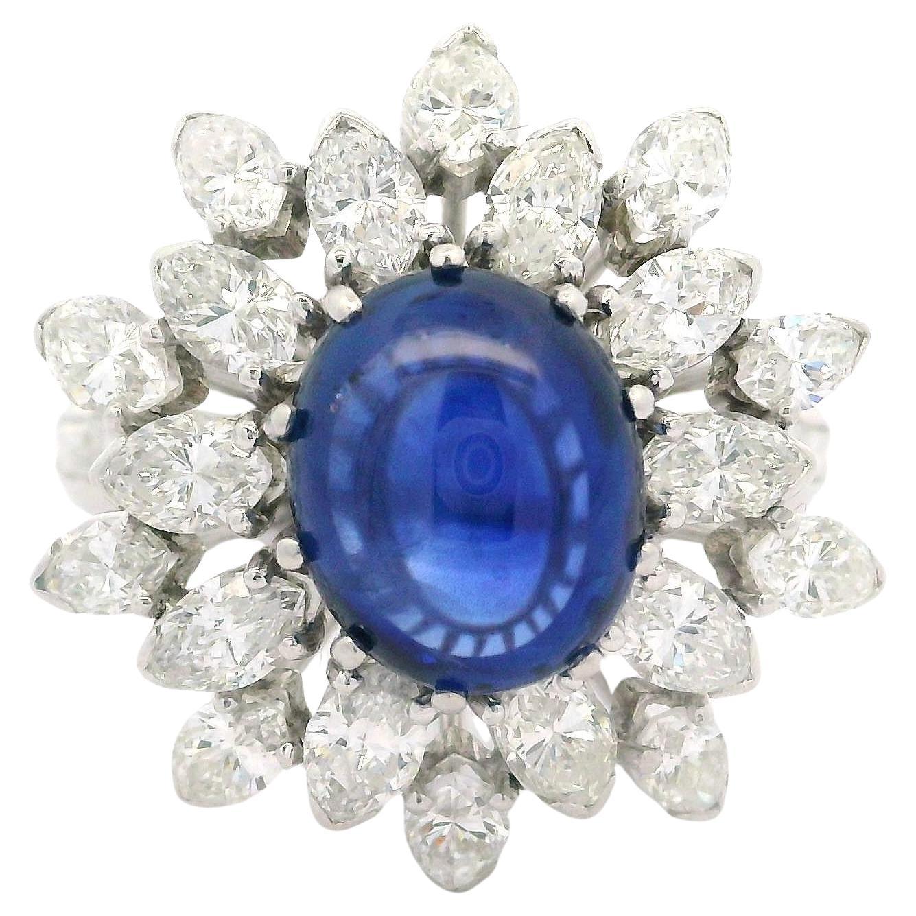 Vintage Platinum GIA 6.50ctw Cabochon ROYAL BLUE Sapphire & Diamond Ring