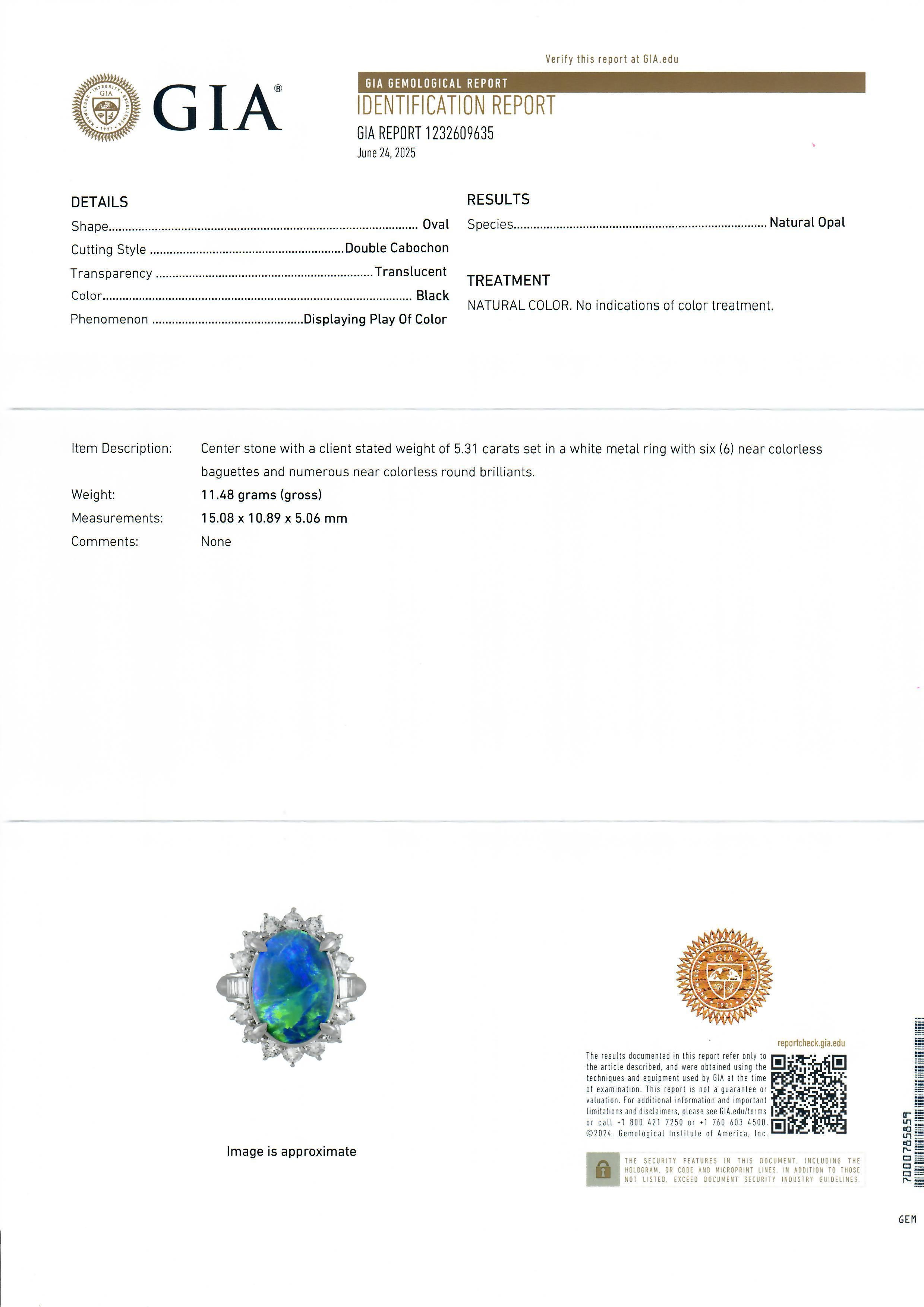 Bague de cocktail vintage en platine GIA 6.72ctw Black Opal w/ Diamond Halo Pour femmes en vente