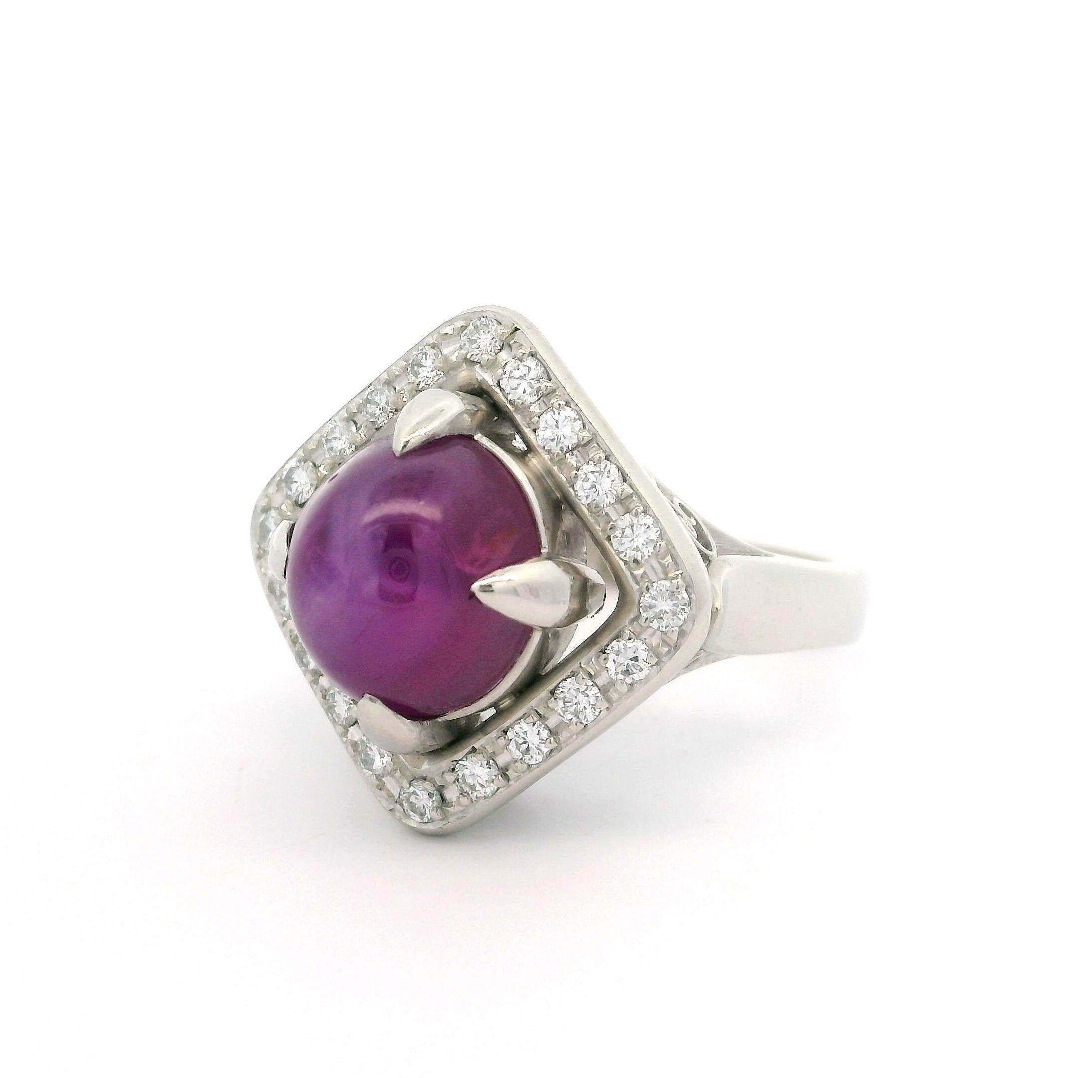 Vintage Platinum GIA 7.46ctw No Heat Oval Cabochon Star Ruby & Diamond Ring For Sale 6