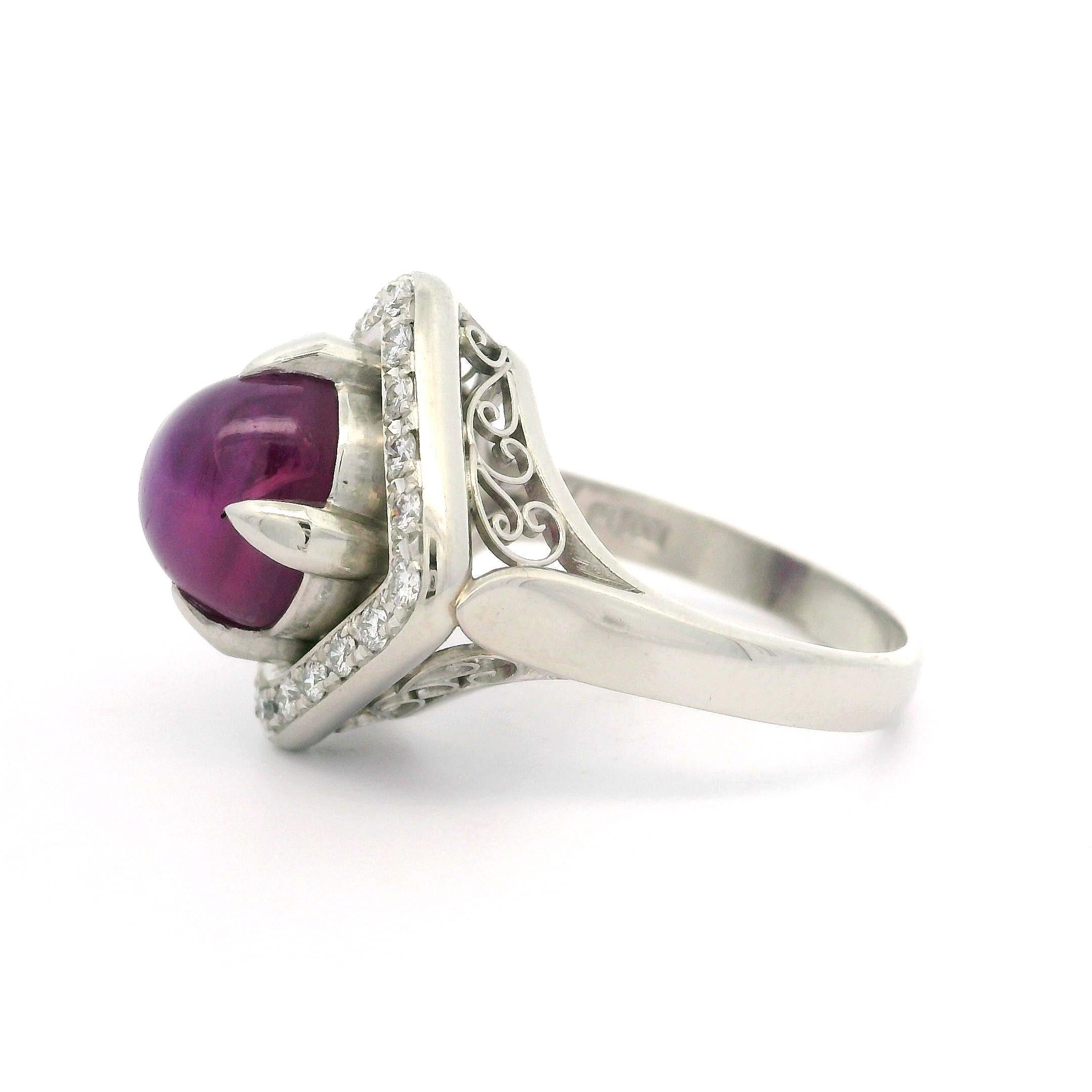 Women's Vintage Platinum GIA 7.46ctw No Heat Oval Cabochon Star Ruby & Diamond Ring For Sale