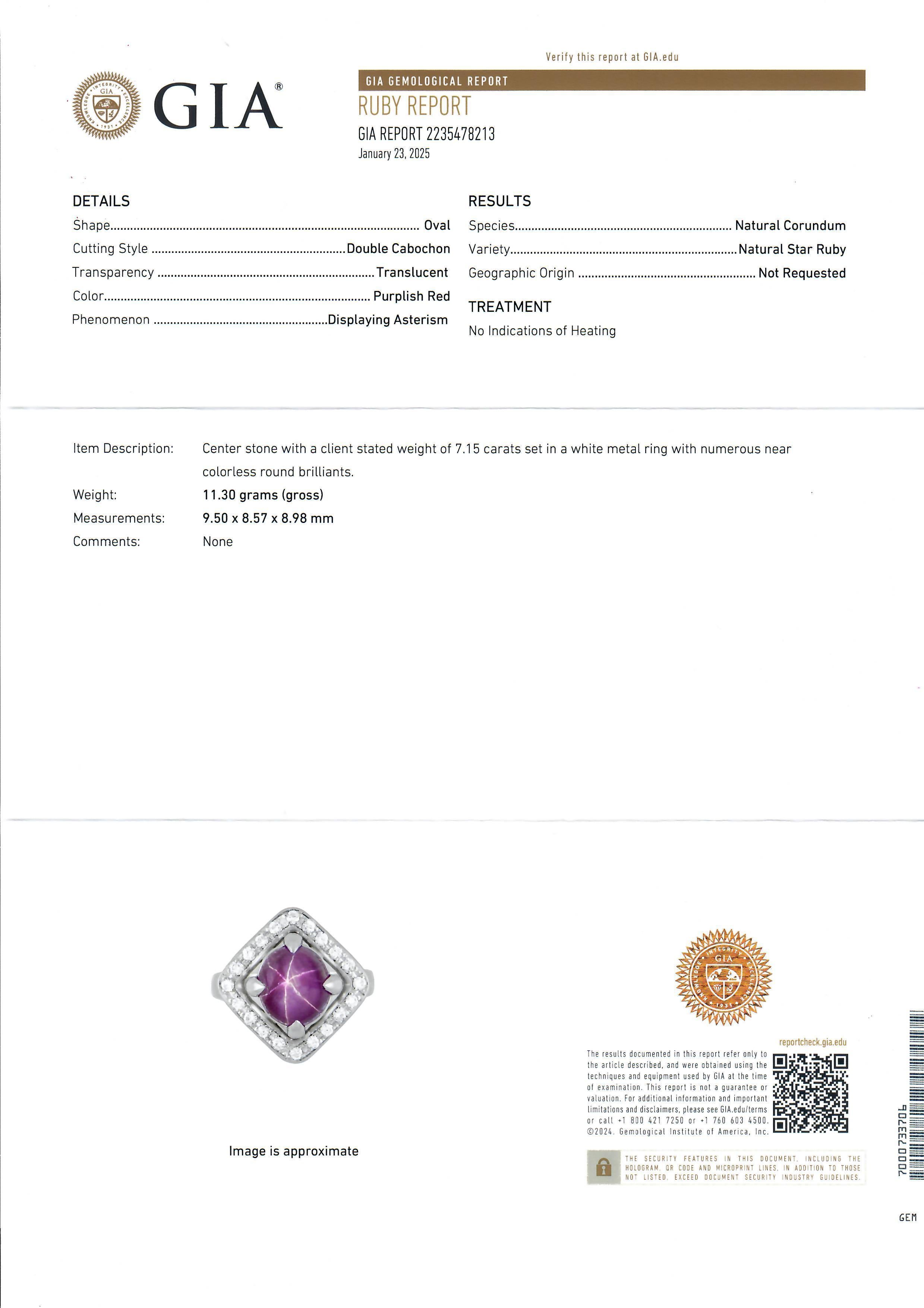 Vintage Platinum GIA 7.46ctw No Heat Oval Cabochon Star Ruby & Diamond Ring For Sale 4