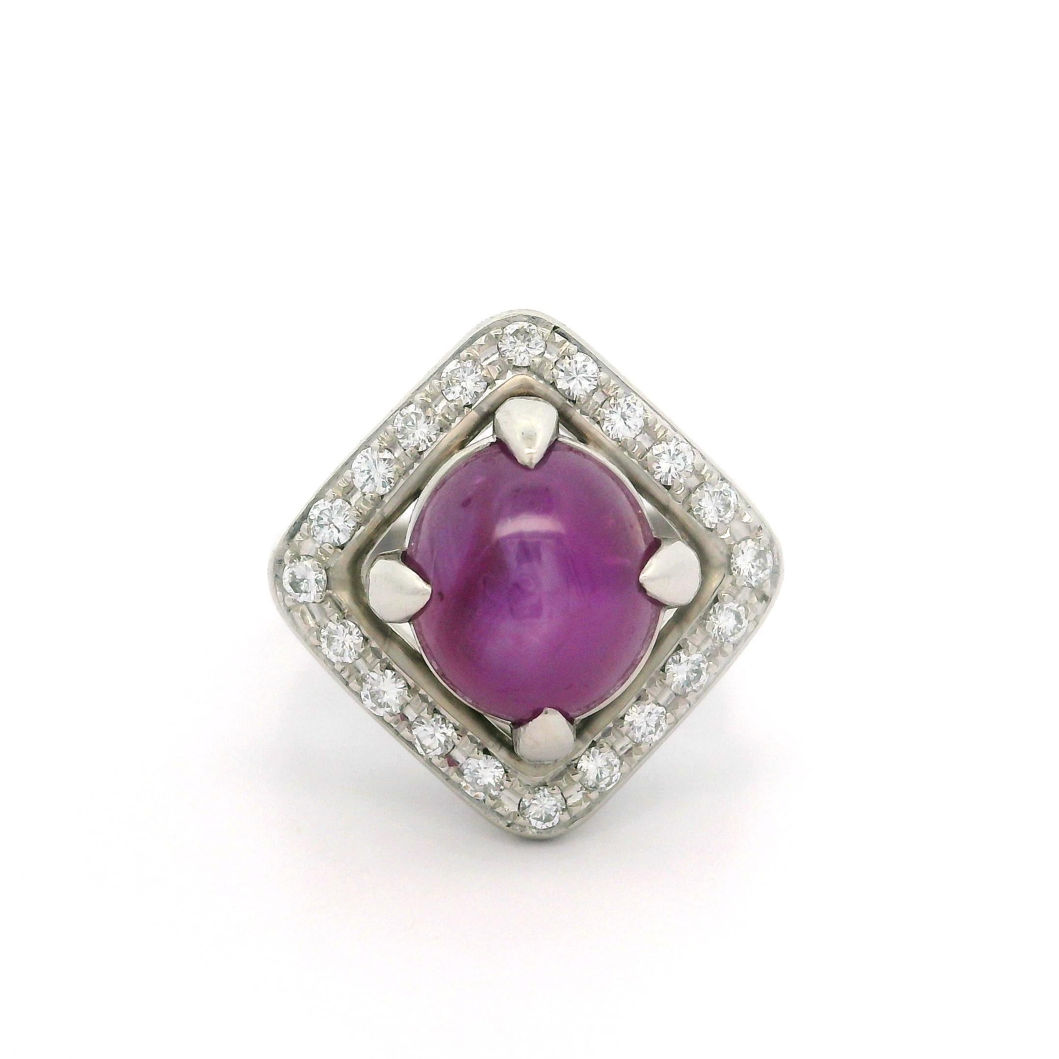 Vintage Platinum GIA 7.46ctw No Heat Oval Cabochon Star Ruby & Diamond Ring For Sale 5