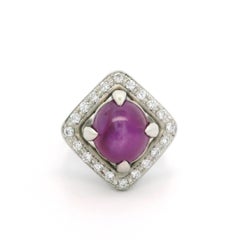Vintage Platinum GIA 7.46ctw No Heat Oval Cabochon Star Ruby & Diamond Ring