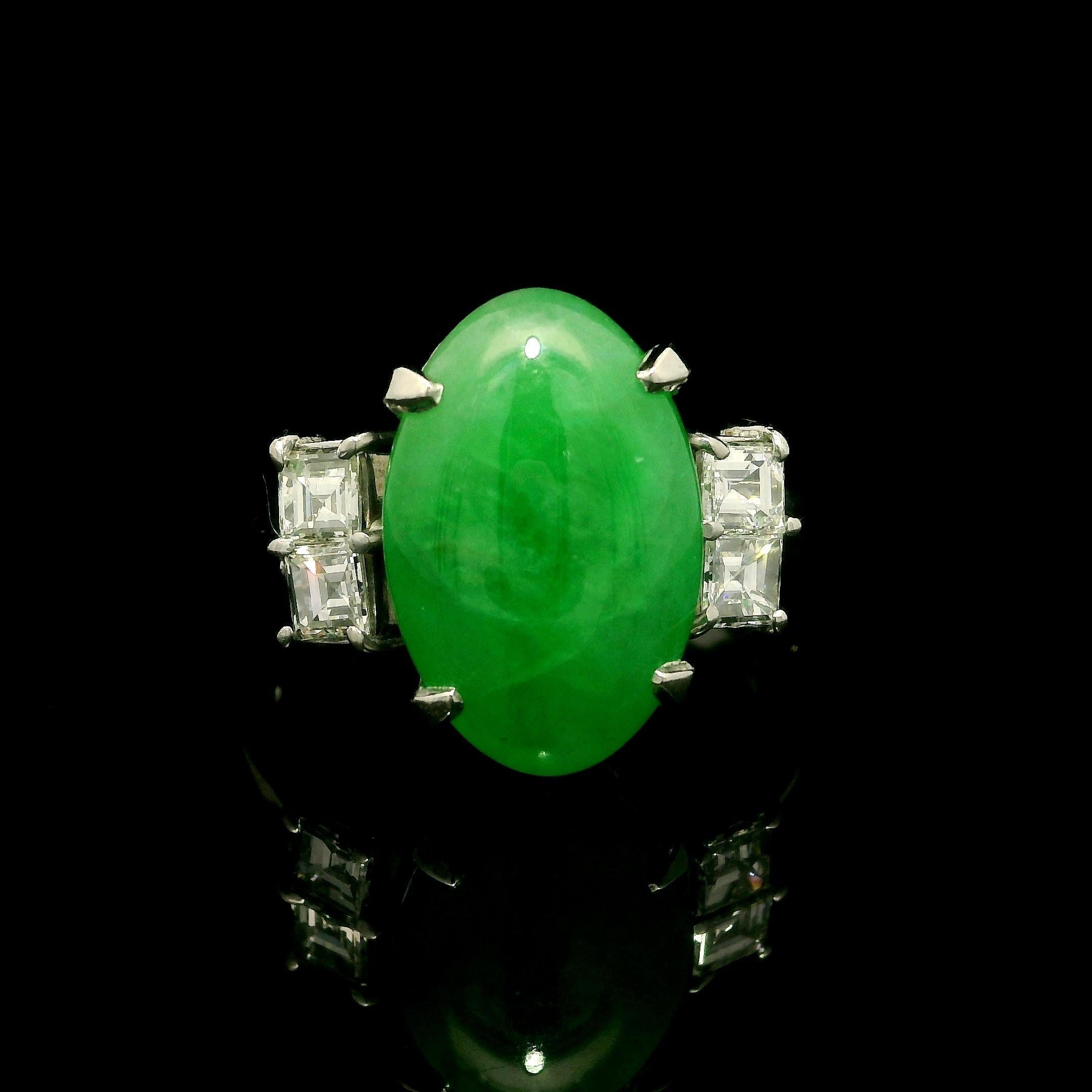 Anello vintage in platino GIA 8,29ctw molto bello di giada ovale A con diamanti carré ai lati in vendita 9