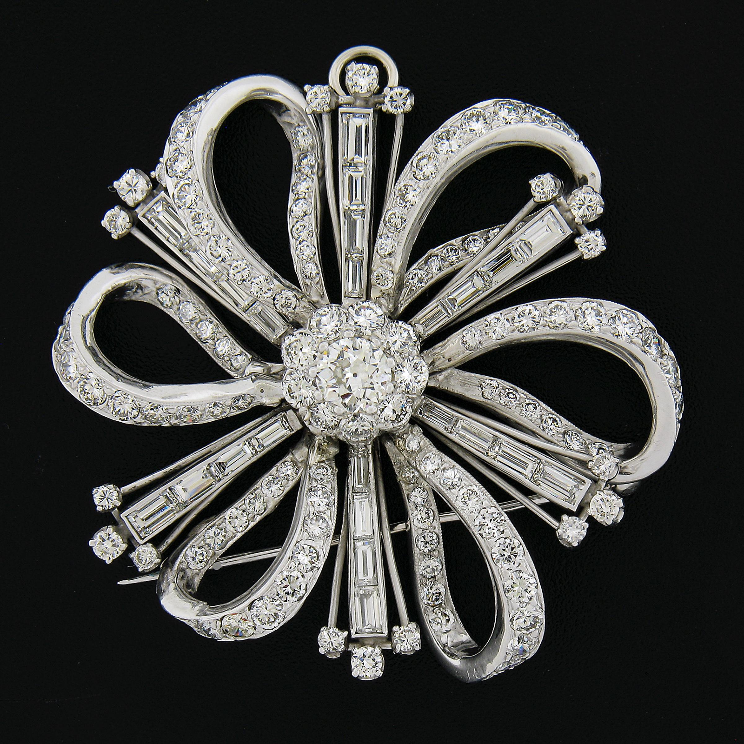 Vintage Platinum Gia 8.2ctw Diamond Large Flower Statement Pin Brooch Pendant In Excellent Condition For Sale In Montclair, NJ