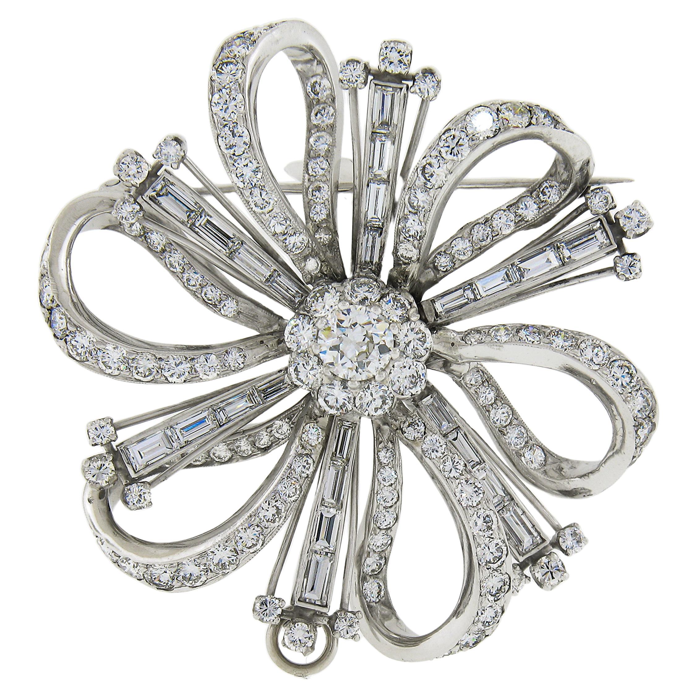 Vintage Platinum Gia 8.2ctw Diamond Large Flower Statement Pin Brooch Pendant For Sale