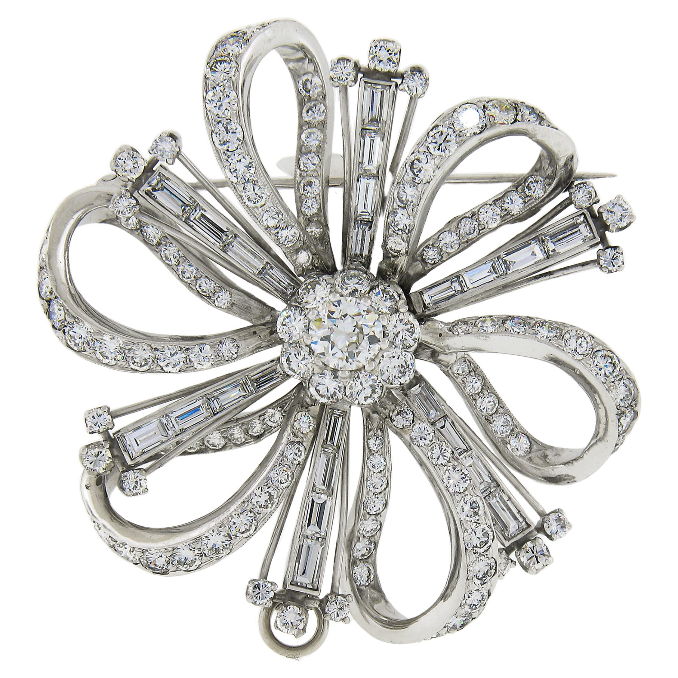 Vintage Platino Gia 8.2ctw Diamante Flor Grande Declaración Broche Colgante