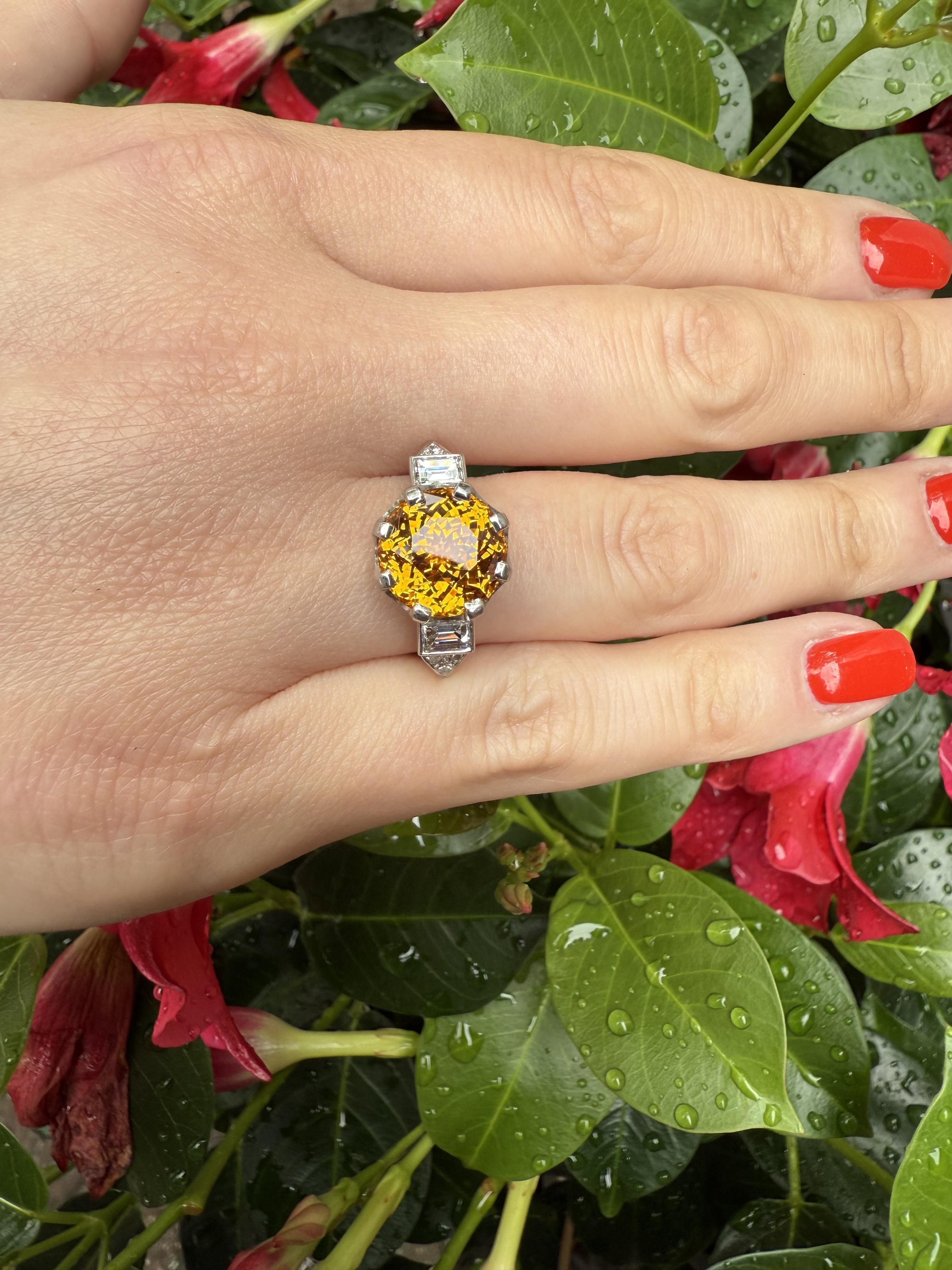 Vintage Platinum GIA 8.63ctw Round Yellowish Orange Sapphire w/ Diamond Ring For Sale 7