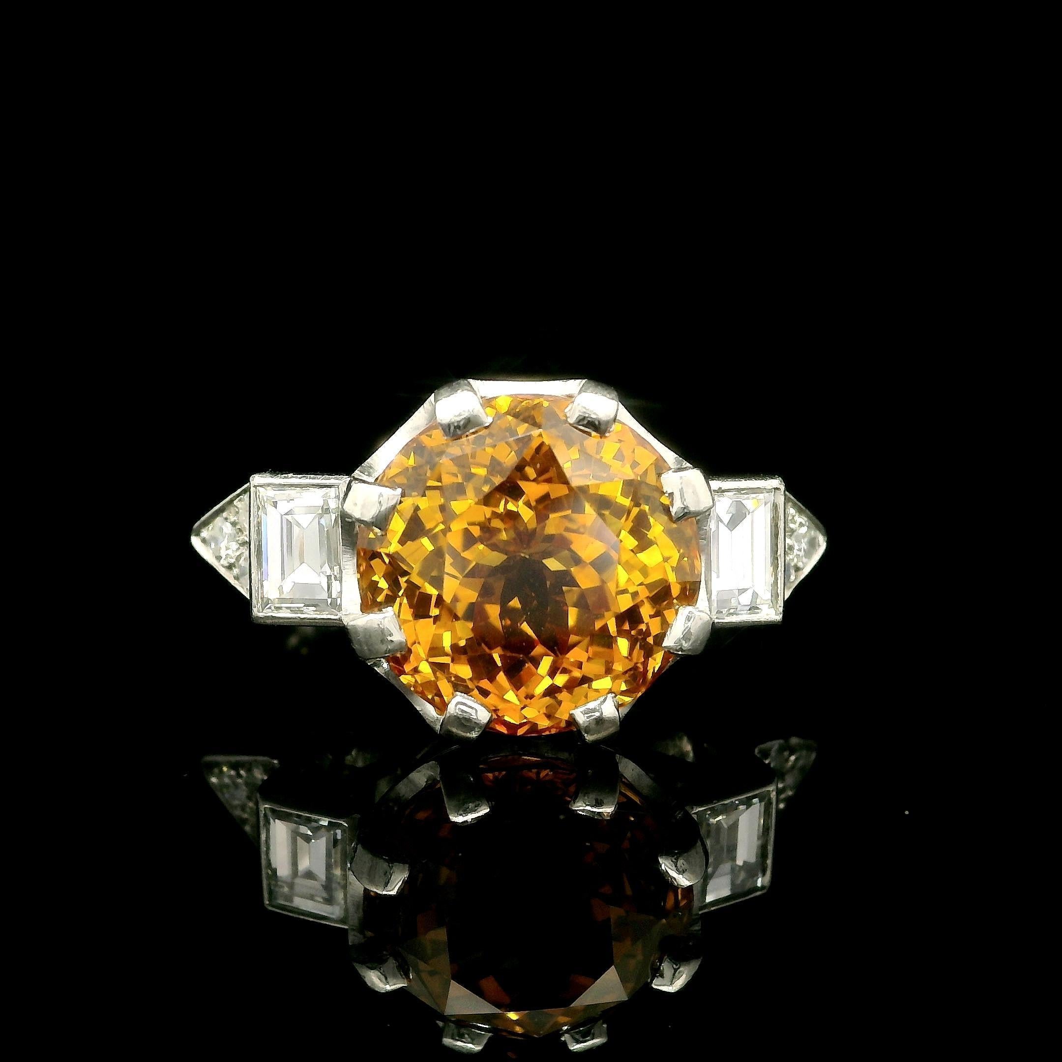 Vintage Platinum GIA 8.63ctw Round Yellowish Orange Sapphire w/ Diamond Ring For Sale 8