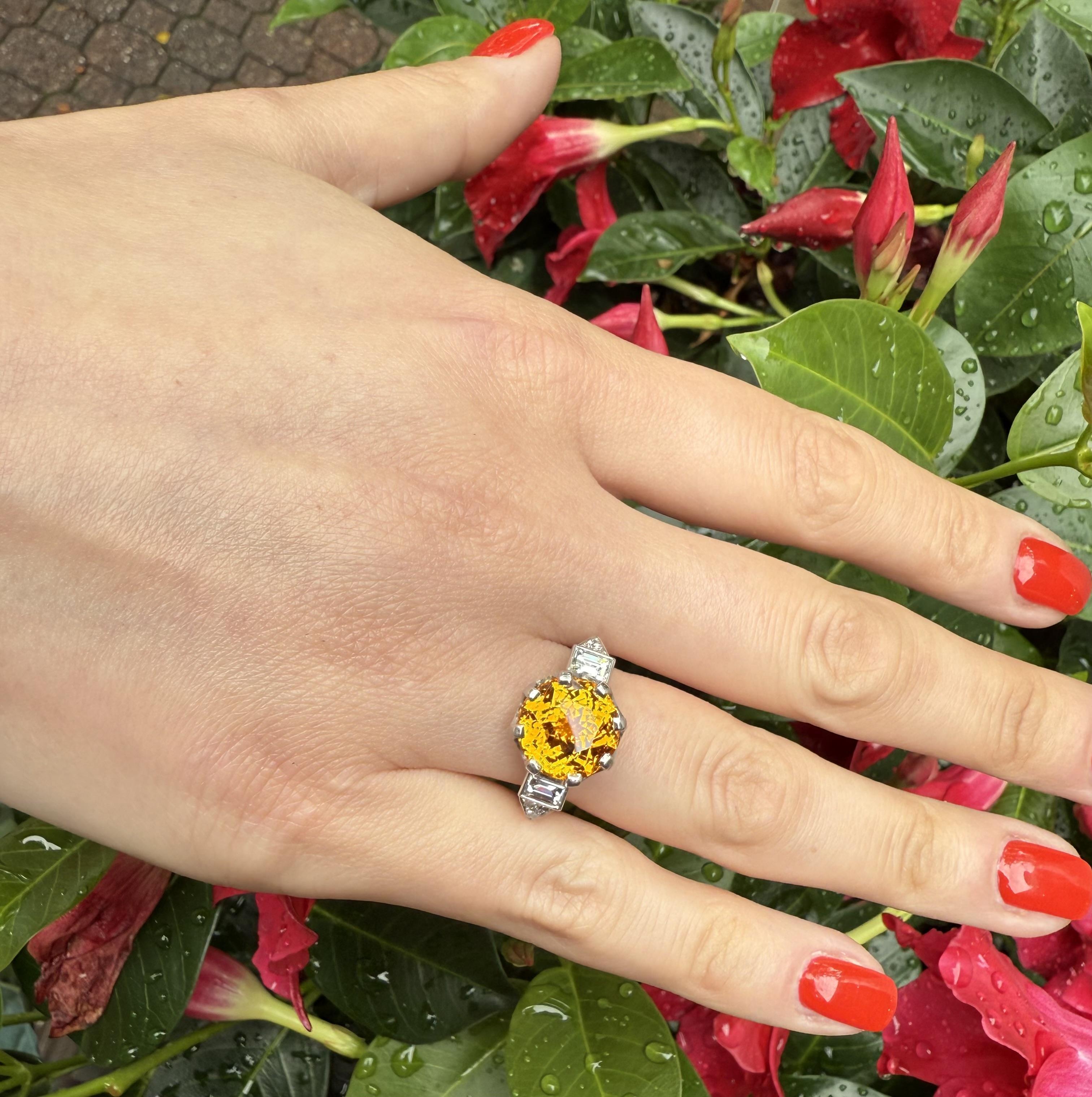 Vintage Platinum GIA 8.63ctw Round Yellowish Orange Sapphire w/ Diamond Ring For Sale 9