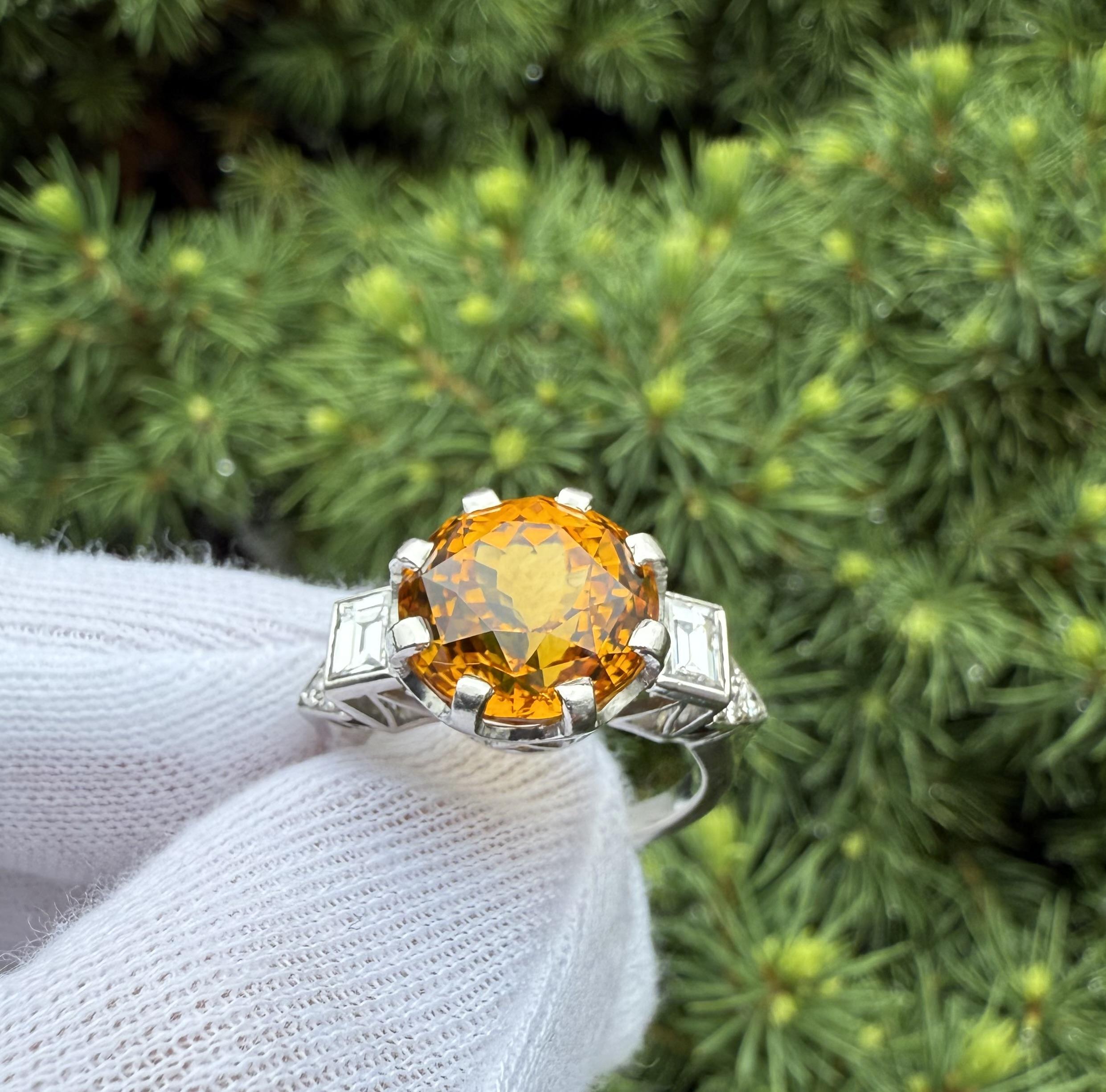 Vintage Platinum GIA 8.63ctw Round Yellowish Orange Sapphire w/ Diamond Ring For Sale 10
