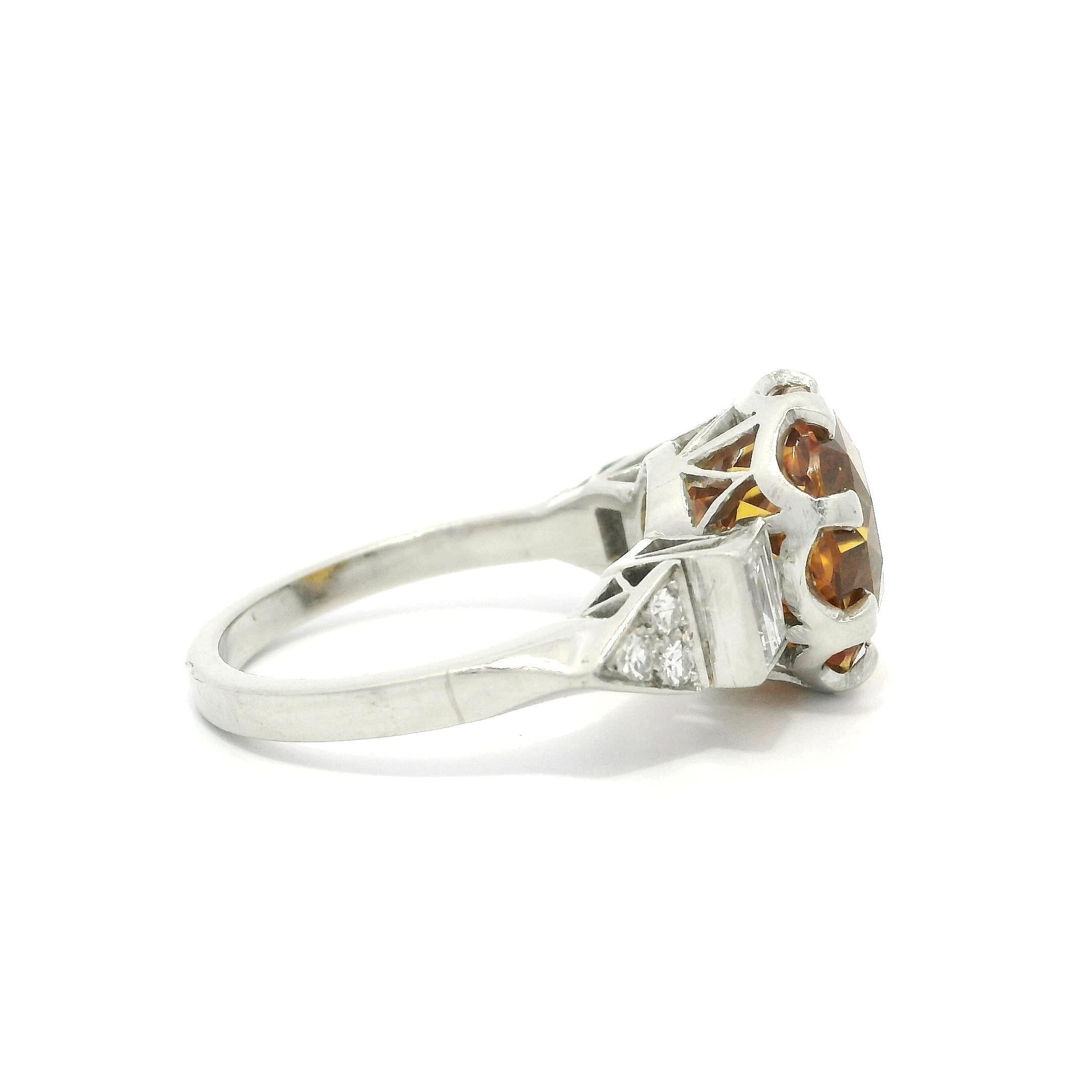 Vintage Platinum GIA 8.63ctw Round Yellowish Orange Sapphire w/ Diamond Ring For Sale 11