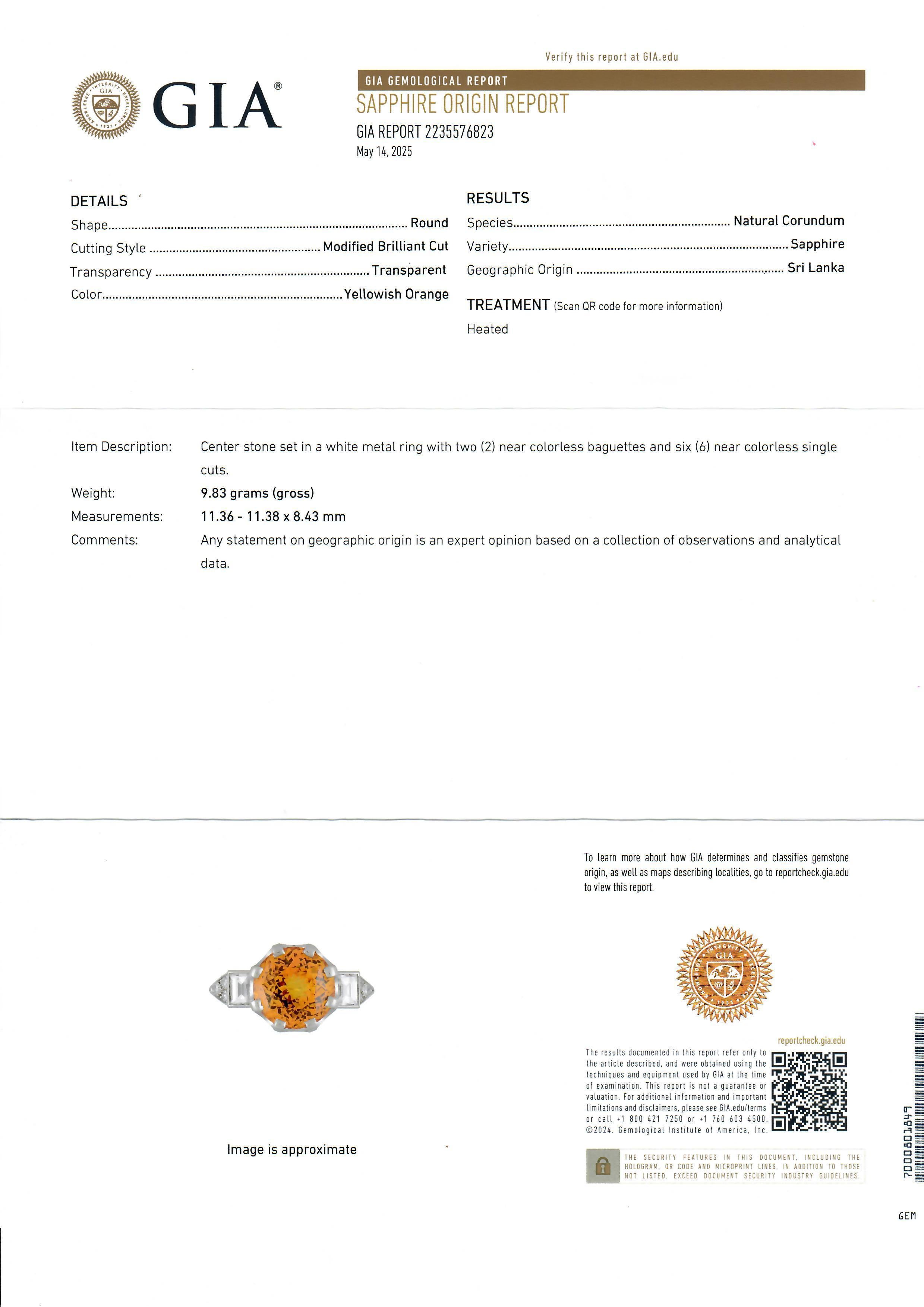 --Stone(s):--
(1) Natural Genuine Sapphire - Round Brilliant Cut - Prong Set - Yellowish Orange Color - Heated - Ceylon - 7.85ct (approx.)
**See Certification Details Below**
(2) Natural Genuine Diamonds - Rectangular Step Cut - Bezel Set - G/H